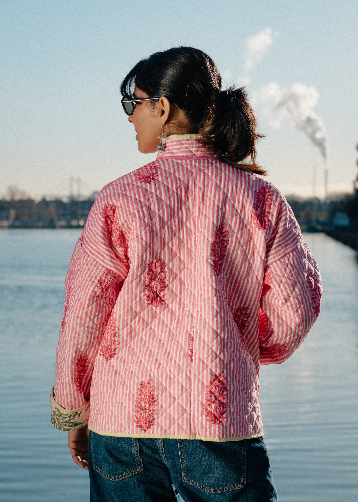 Mint Green & Pink Floral Reversible Quilted Jacket