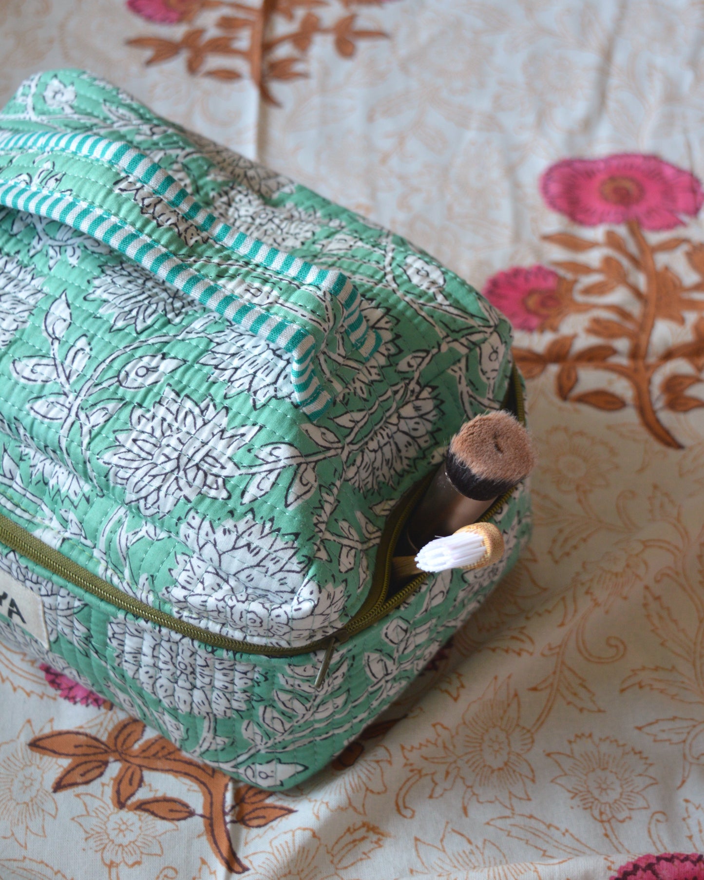 Mint Green Floral Makeup Pouch