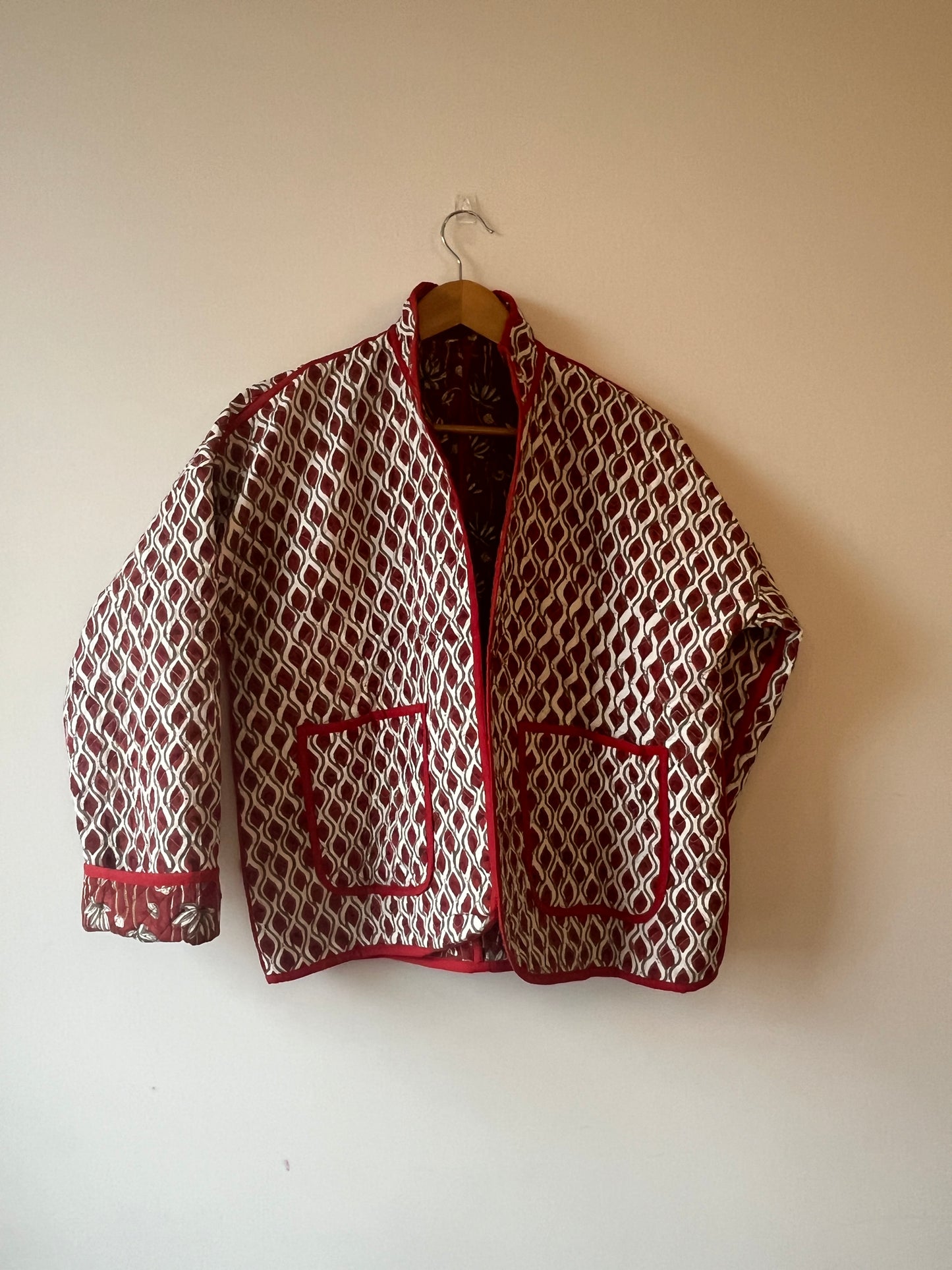 Red & White Floral Reversible Quilted Jacket
