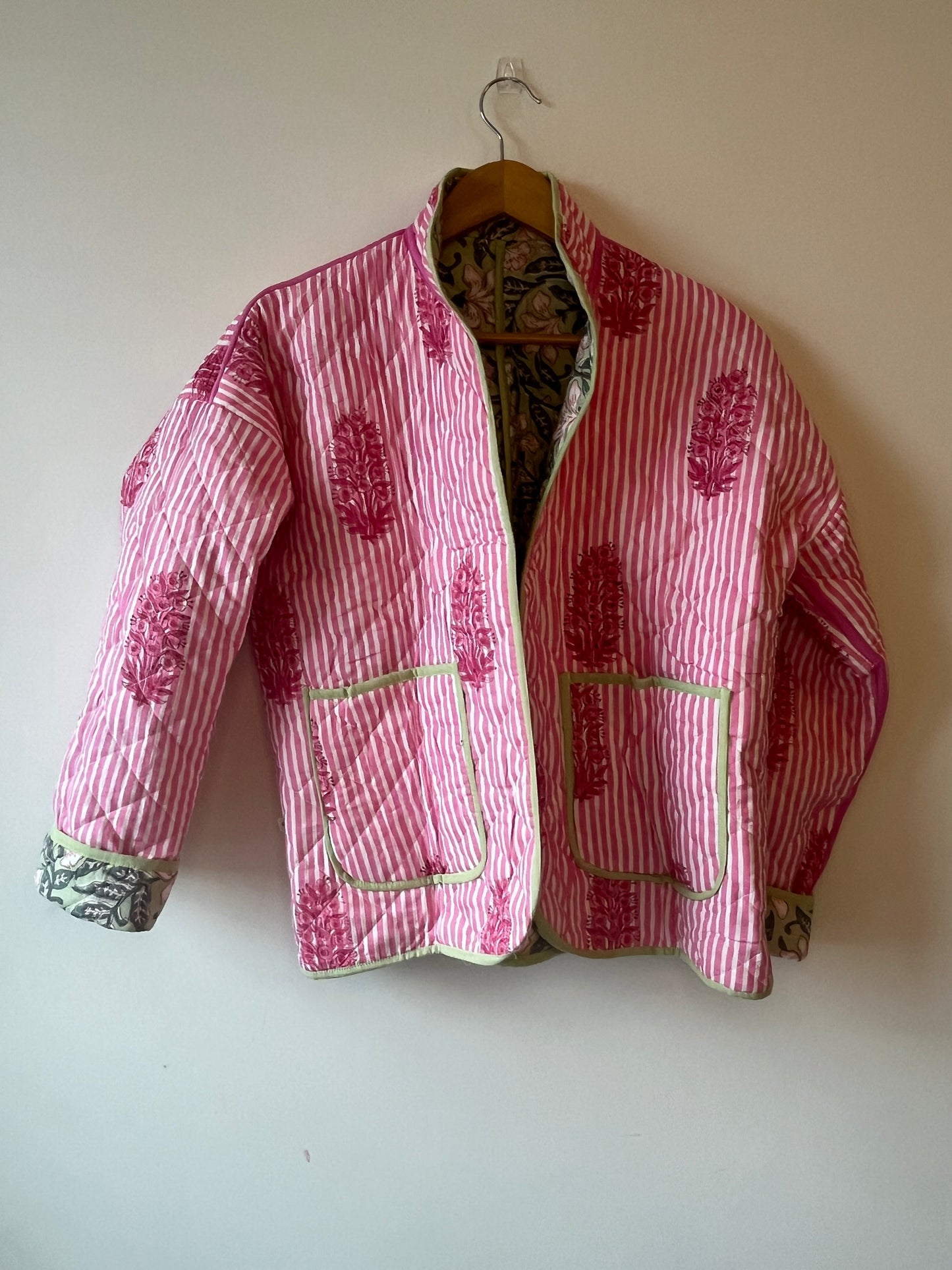 Mint Green & Pink Floral Reversible Quilted Jacket