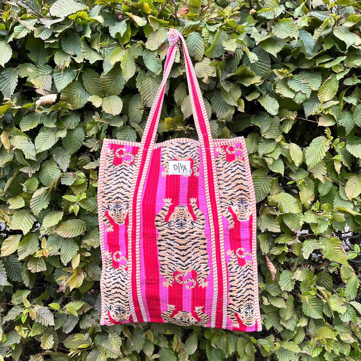Pink-Red Sleeping Tiger Vertical Tote Bag