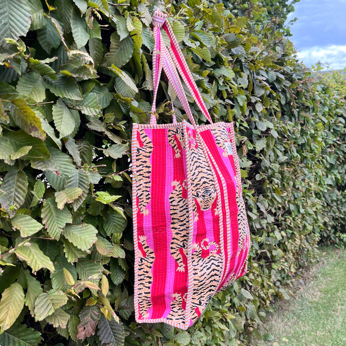 Pink-Red Sleeping Tiger Vertical Tote Bag