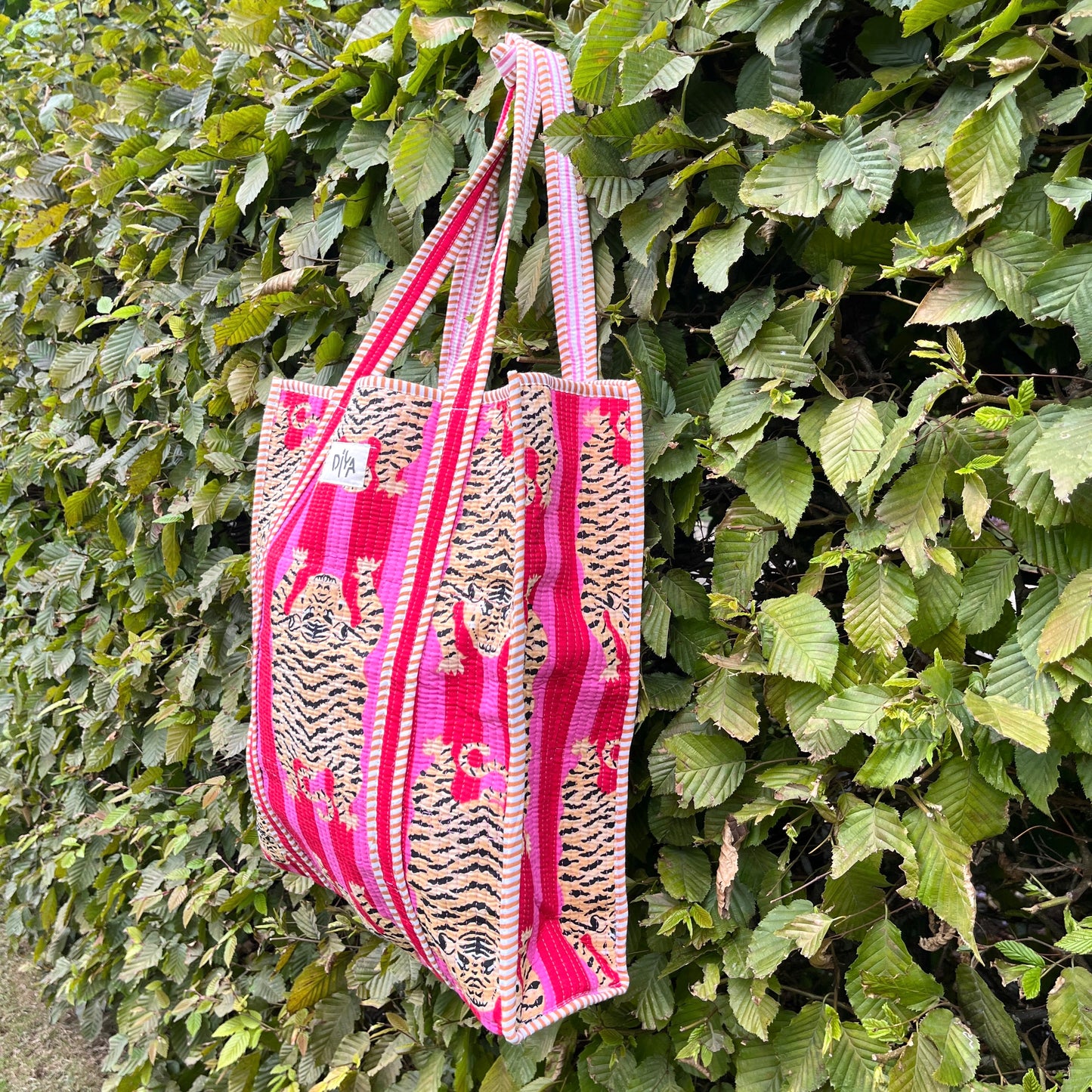 Pink-Red Sleeping Tiger Vertical Tote Bag