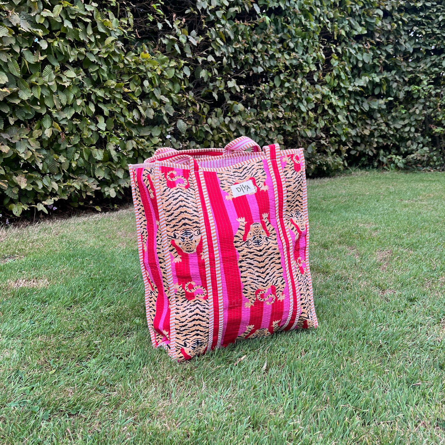Pink-Red Sleeping Tiger Vertical Tote Bag