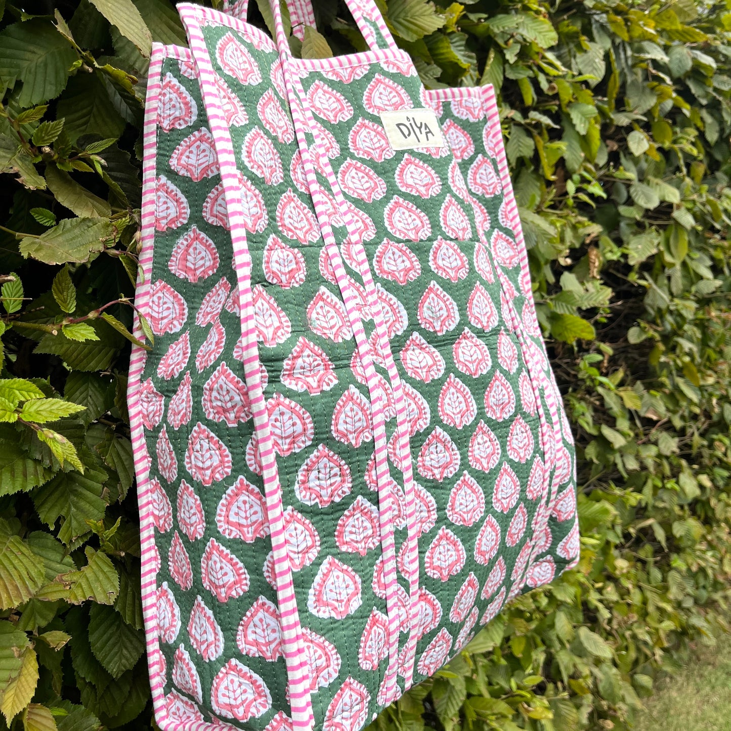 Green-Floral Pink Vertical Tote Bag
