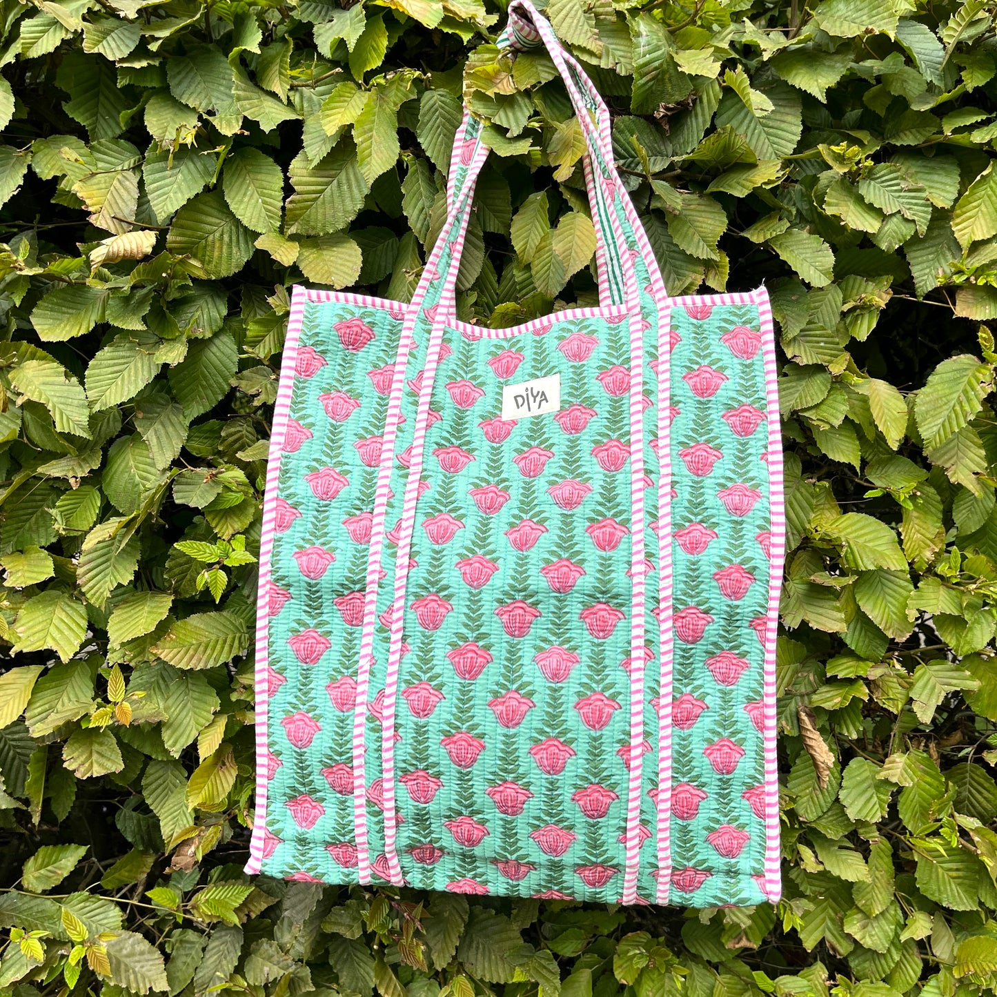 Green & Pink Block-Print Vertical Tote Bag