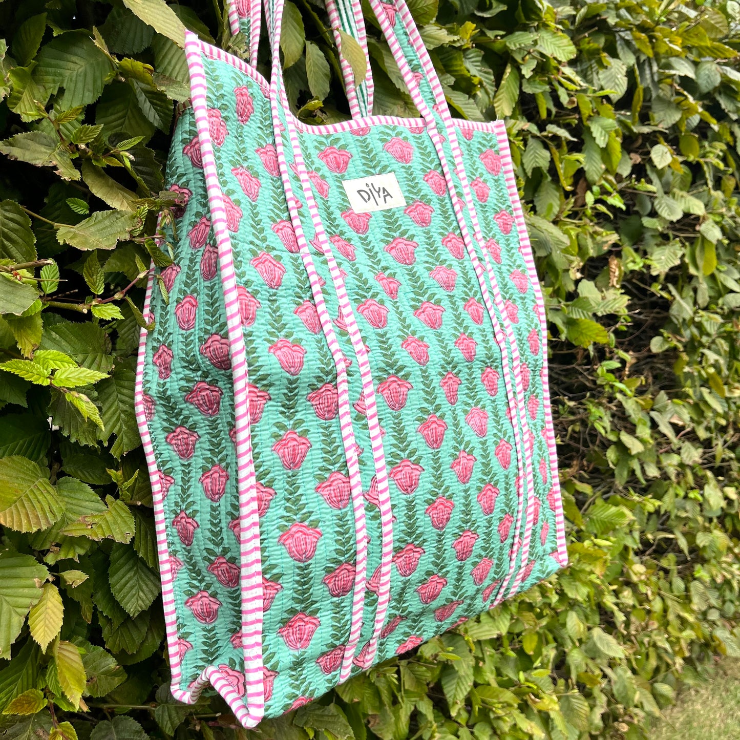 Green & Pink Block-Print Vertical Tote Bag