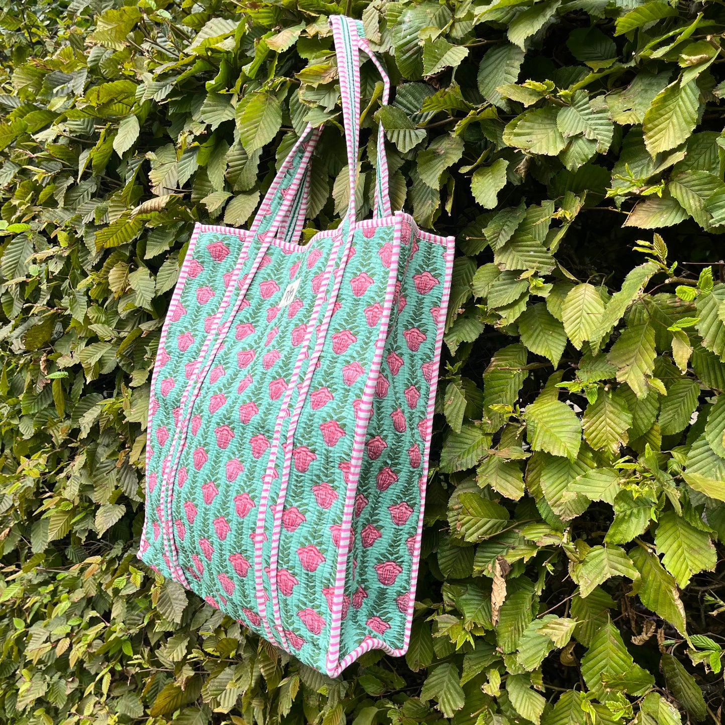 Green & Pink Block-Print Vertical Tote Bag