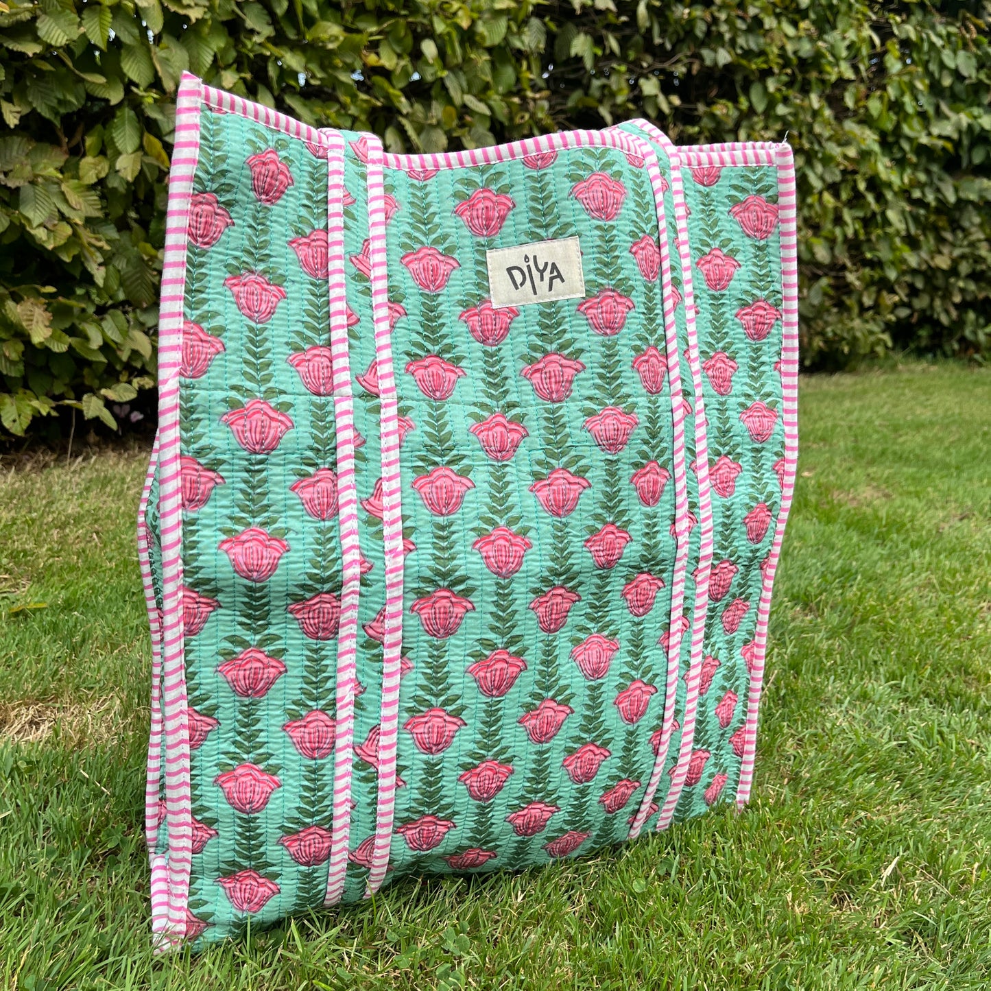 Green & Pink Block-Print Vertical Tote Bag