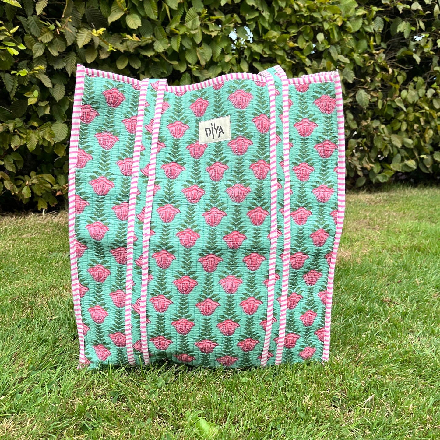 Green & Pink Block-Print Vertical Tote Bag
