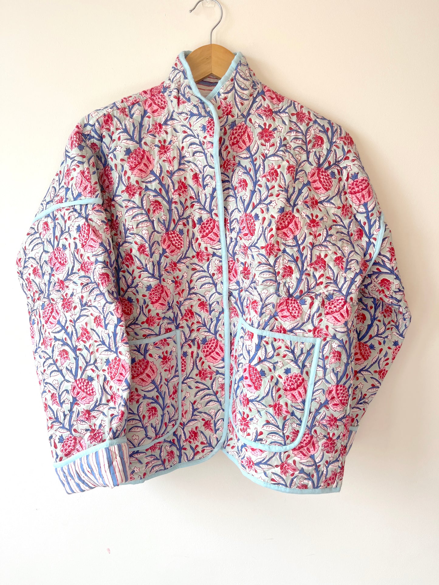 Blue with Pink Flowers Reversible Quilted Jacket