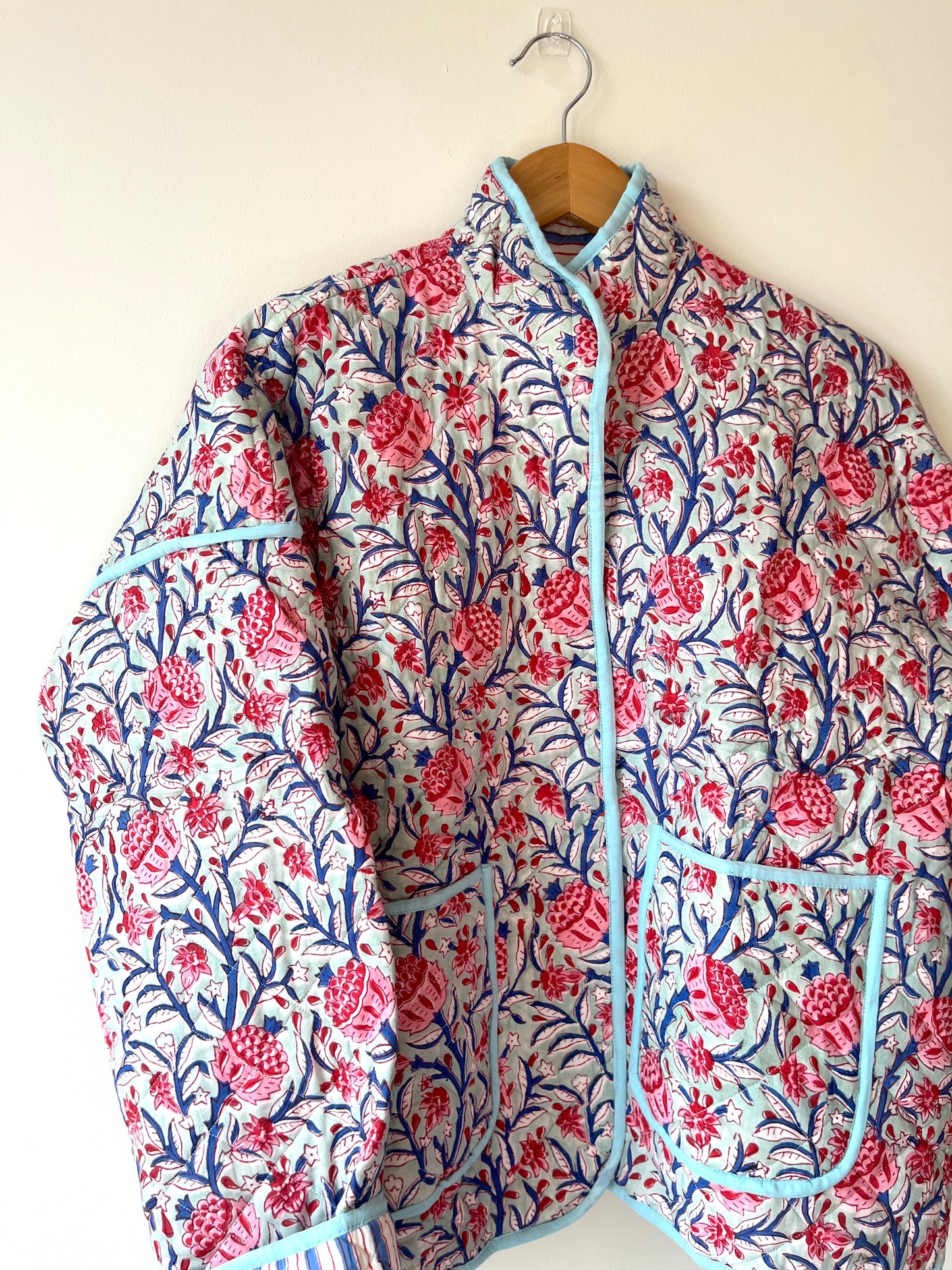 Blue with Pink Flowers Reversible Quilted Jacket