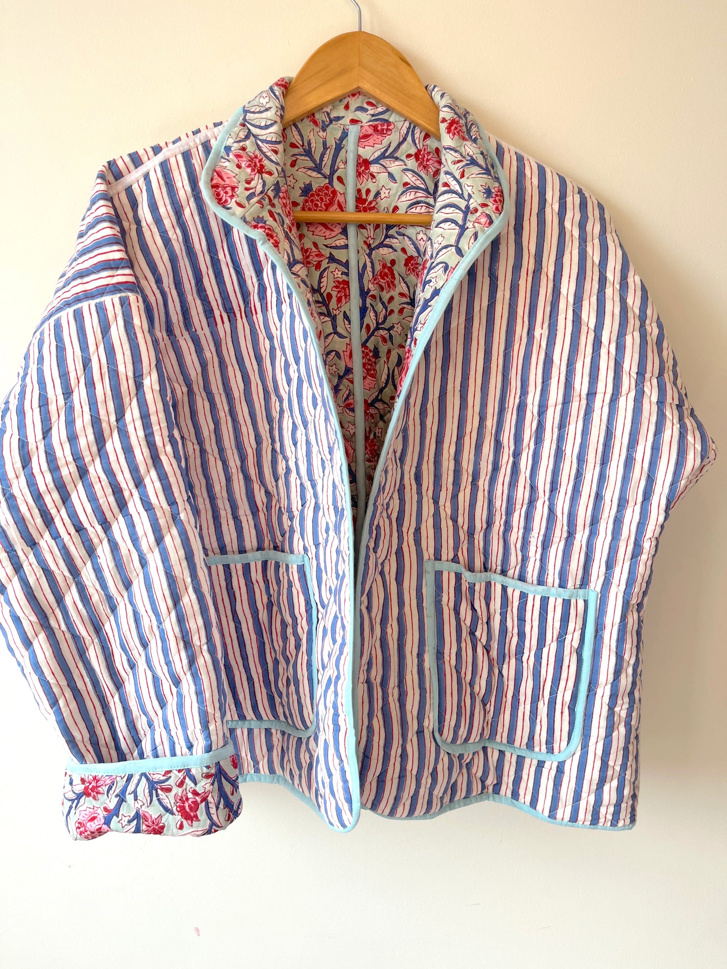 Blue with Pink Flowers Reversible Quilted Jacket