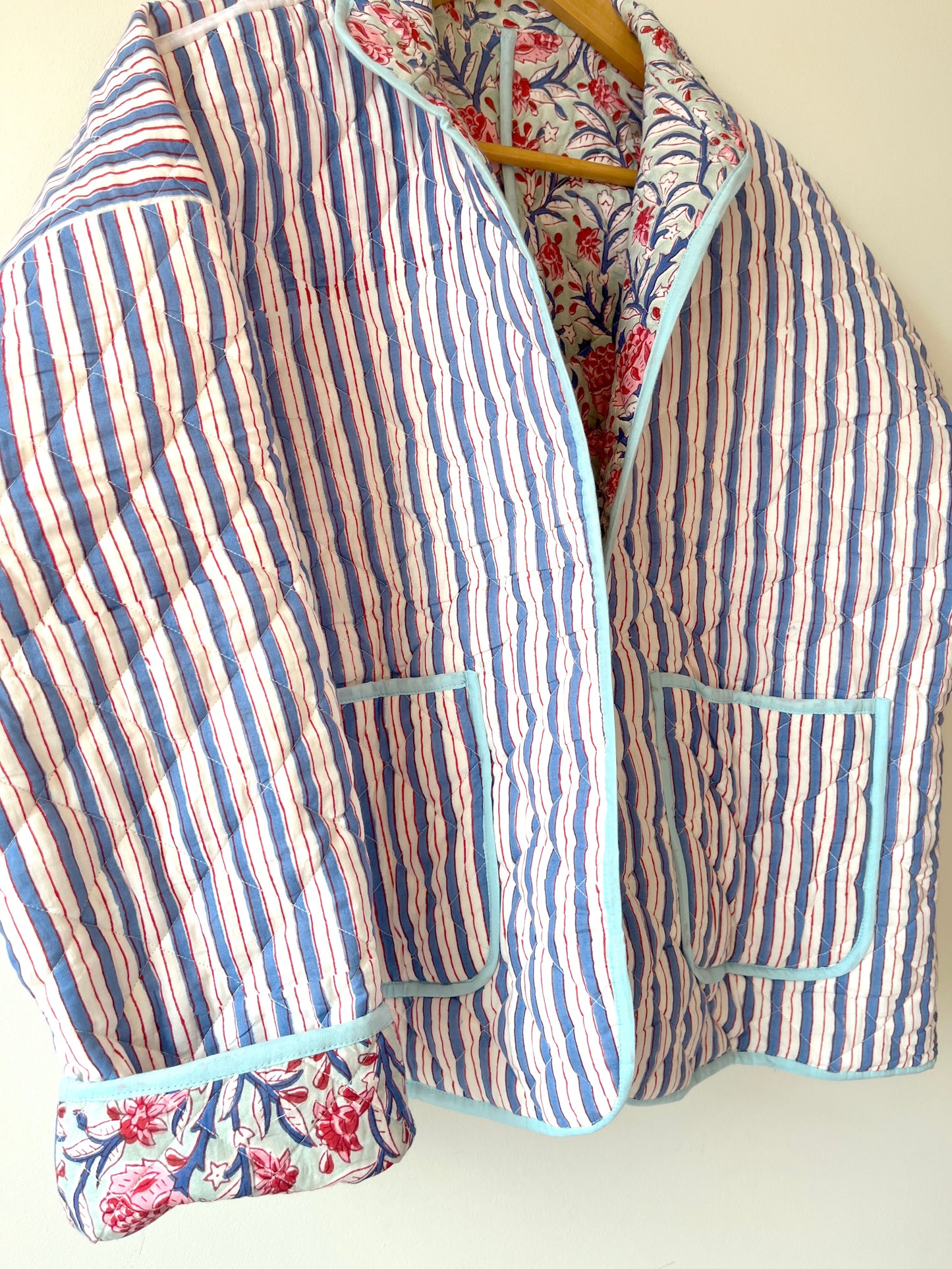 Blue with Pink Flowers Reversible Quilted Jacket