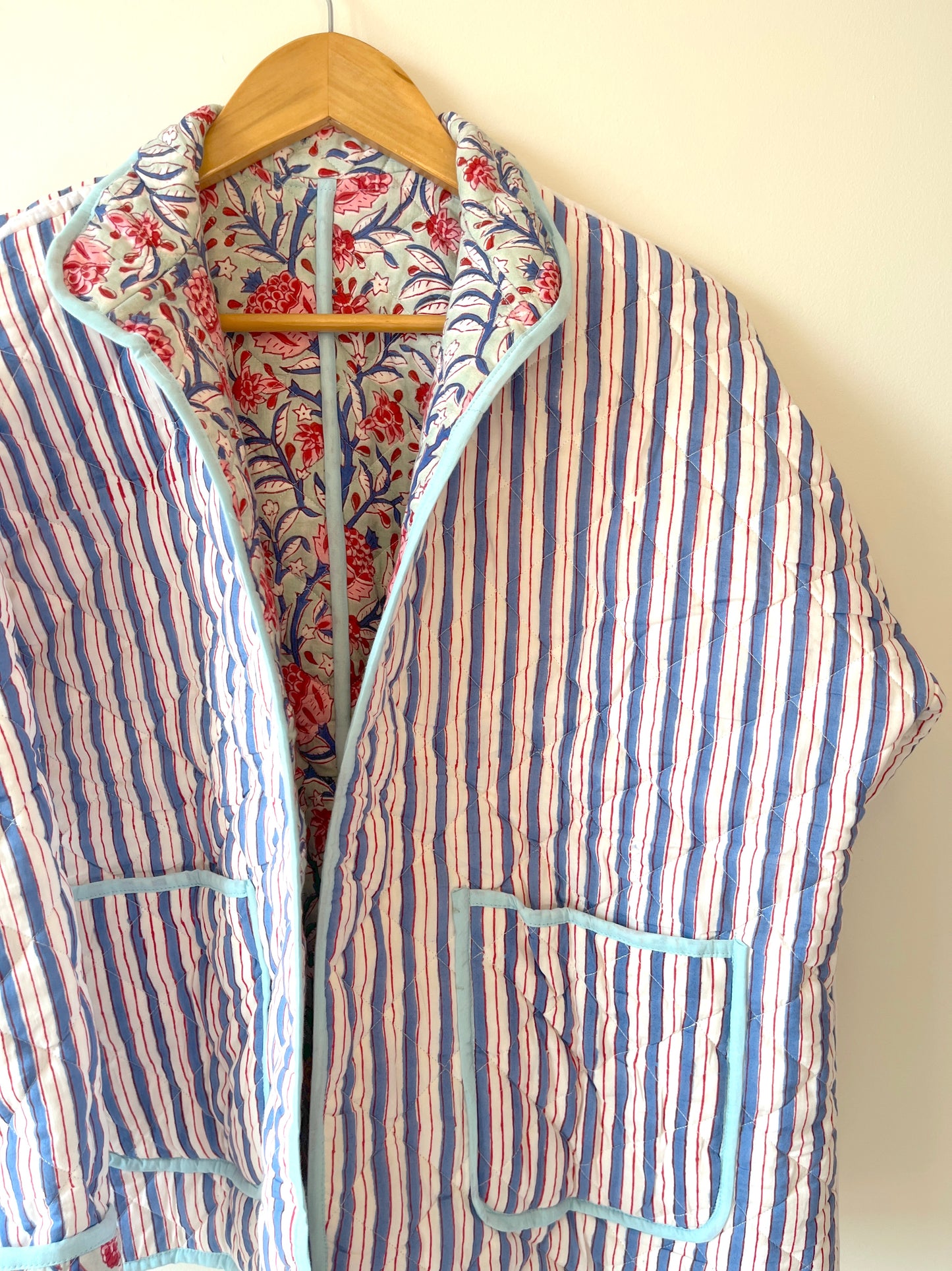 Blue with Pink Flowers Reversible Quilted Jacket