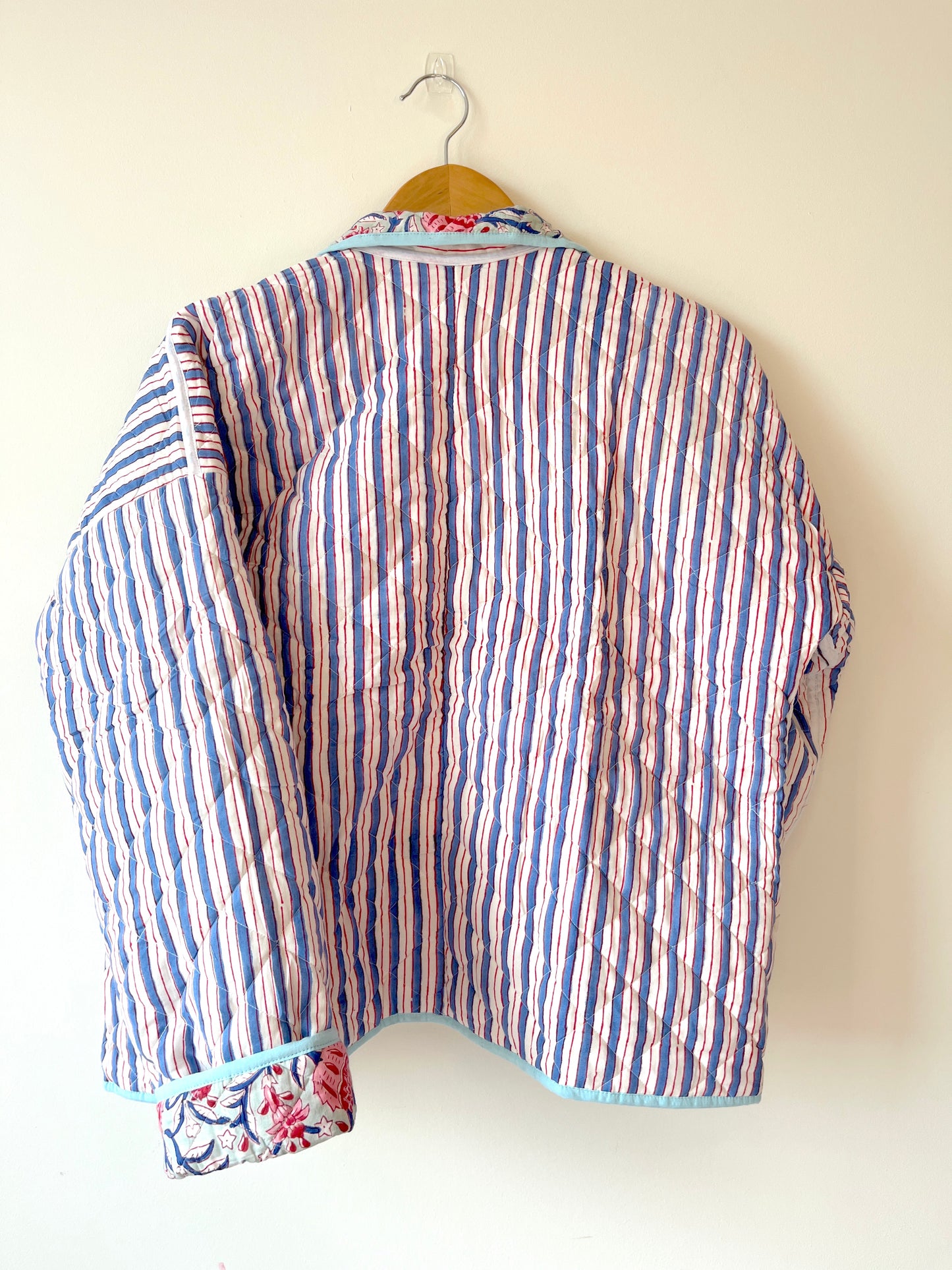 Blue with Pink Flowers Reversible Quilted Jacket