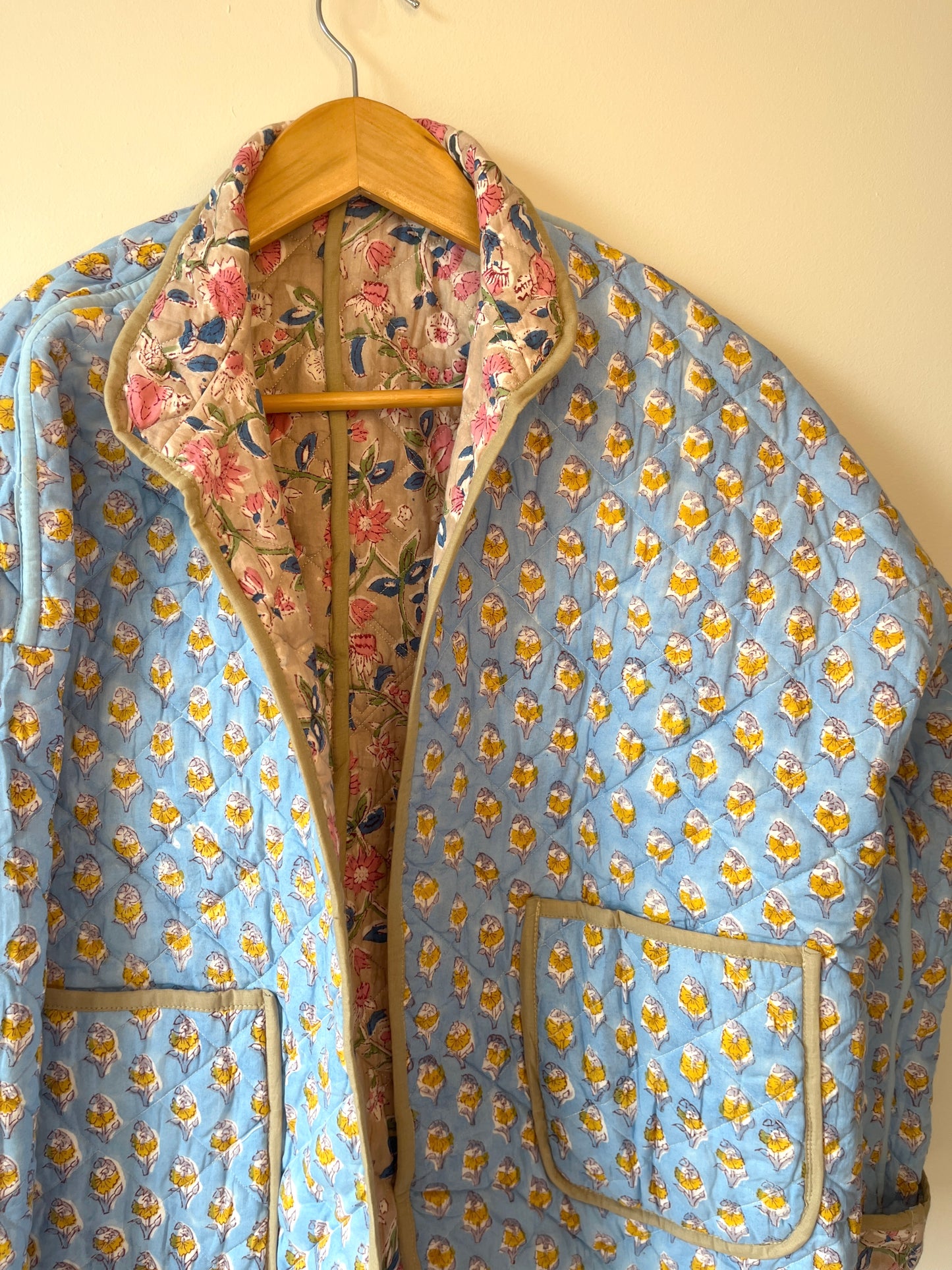 Green with Blue Flowers Reversible Quilted Jacket