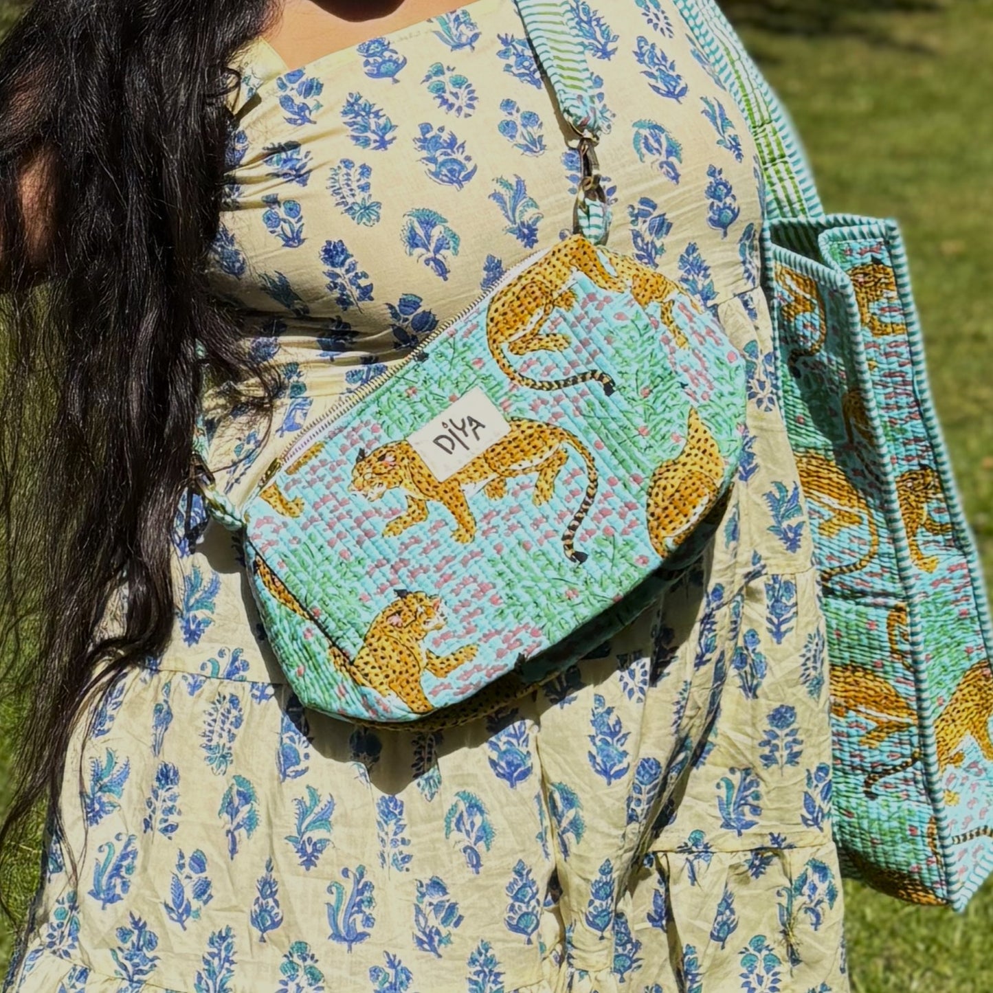 Green Cheetah Pattern Padded Cotton Crossbody Bag