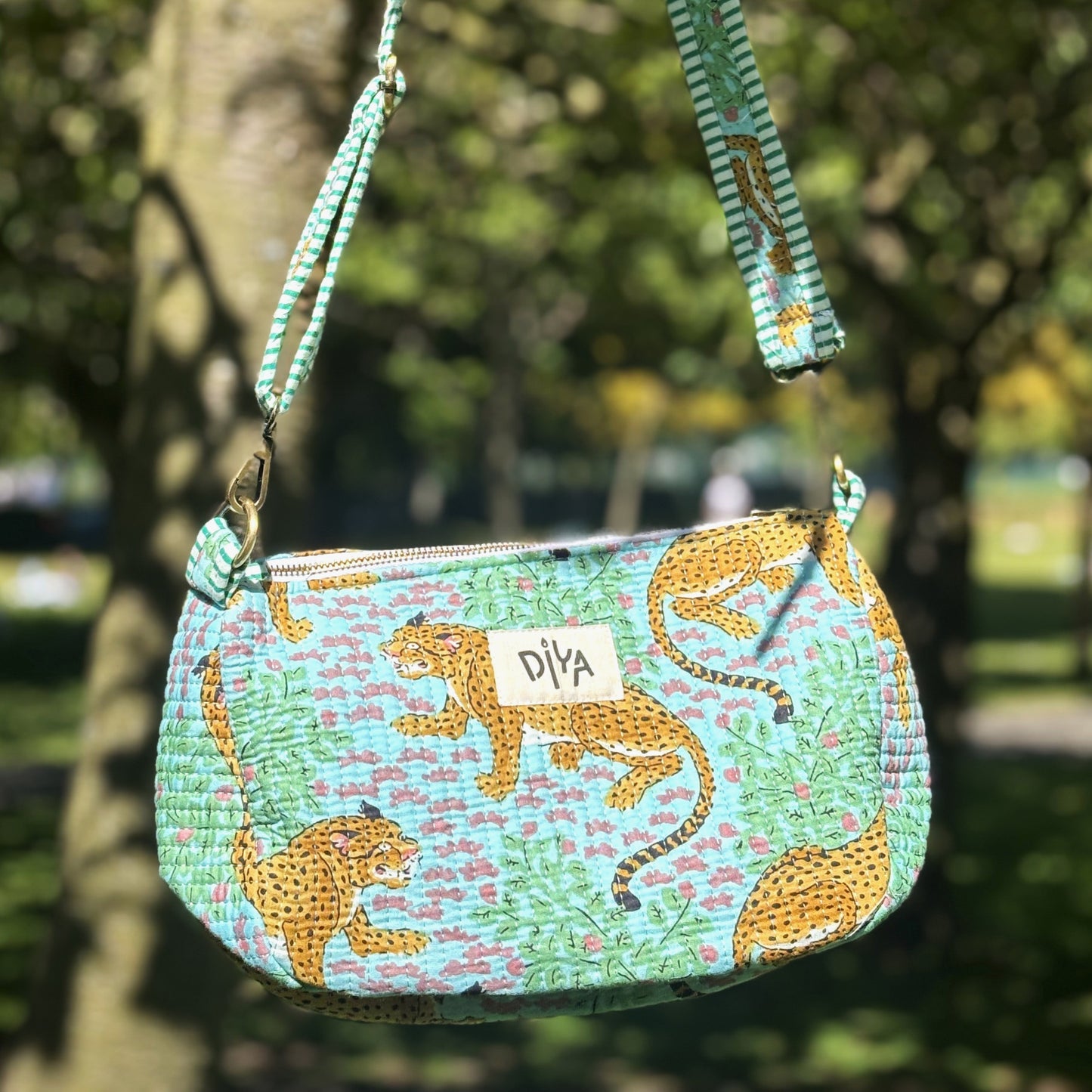 Green Cheetah Pattern Padded Cotton Crossbody Bag