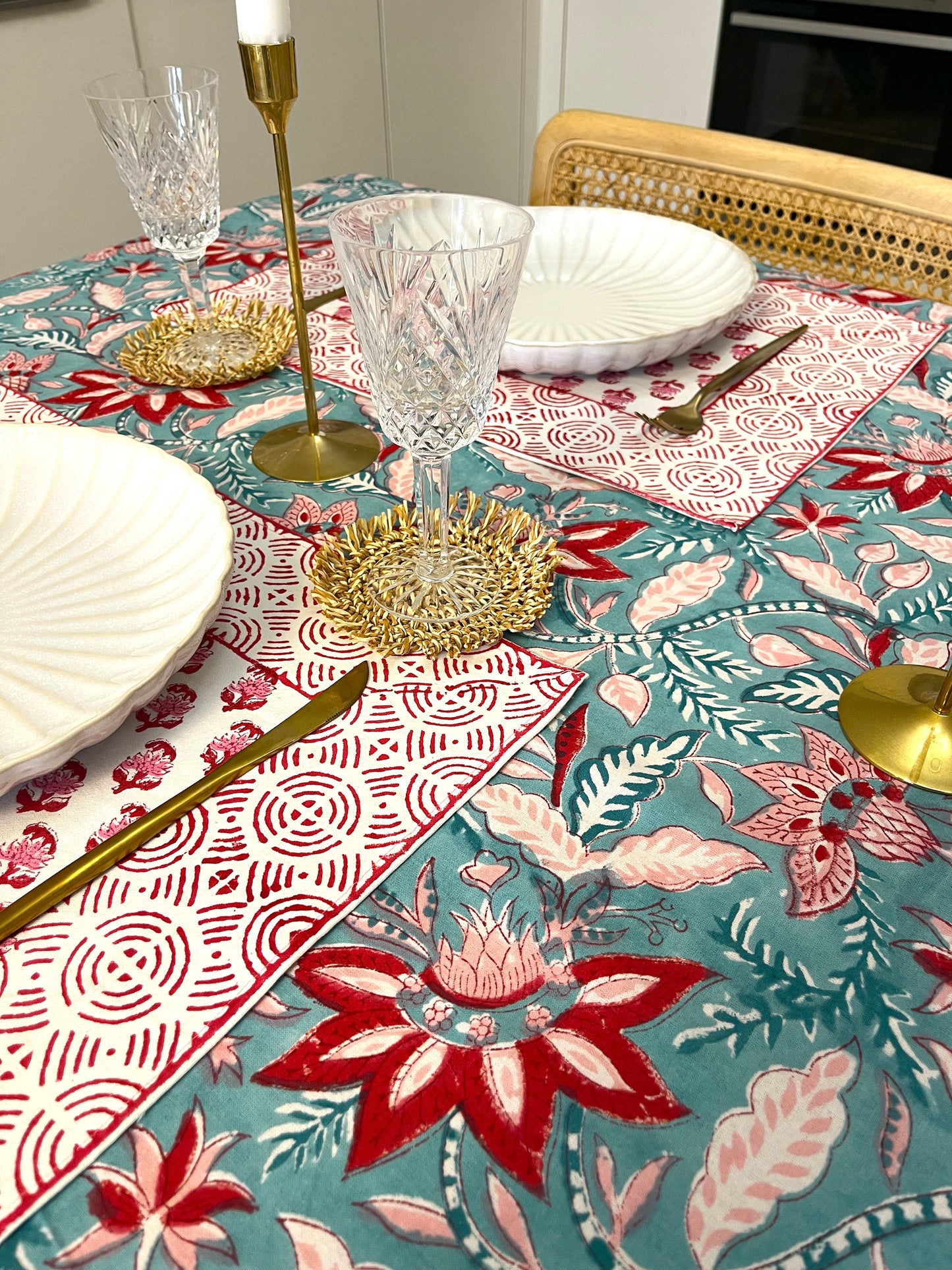 Scarlet Bloom on Blue Table Cover