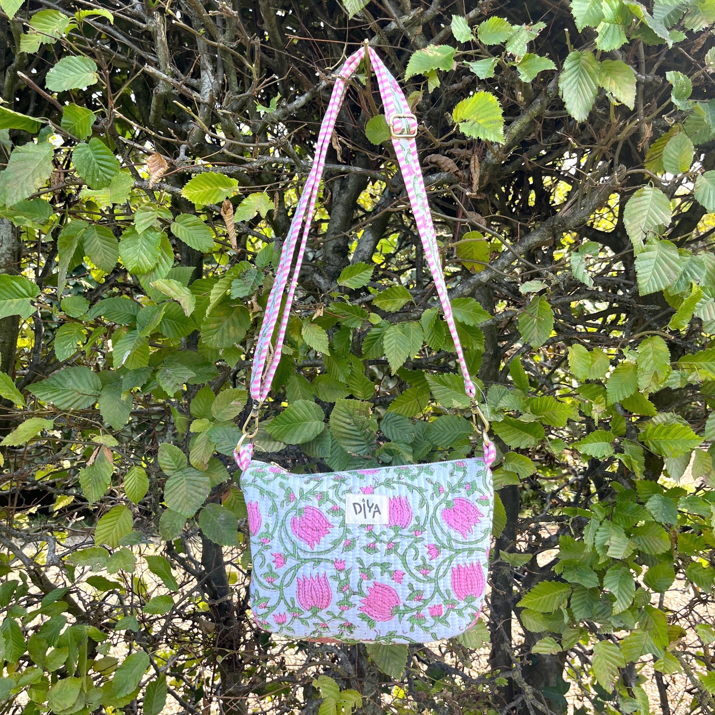 White with Pink Flower Artisan Crossbody Bag