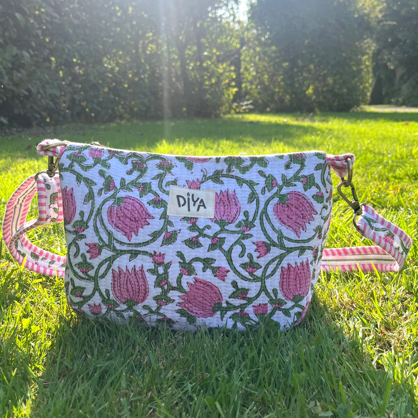 White with Pink Flower Artisan Crossbody Bag