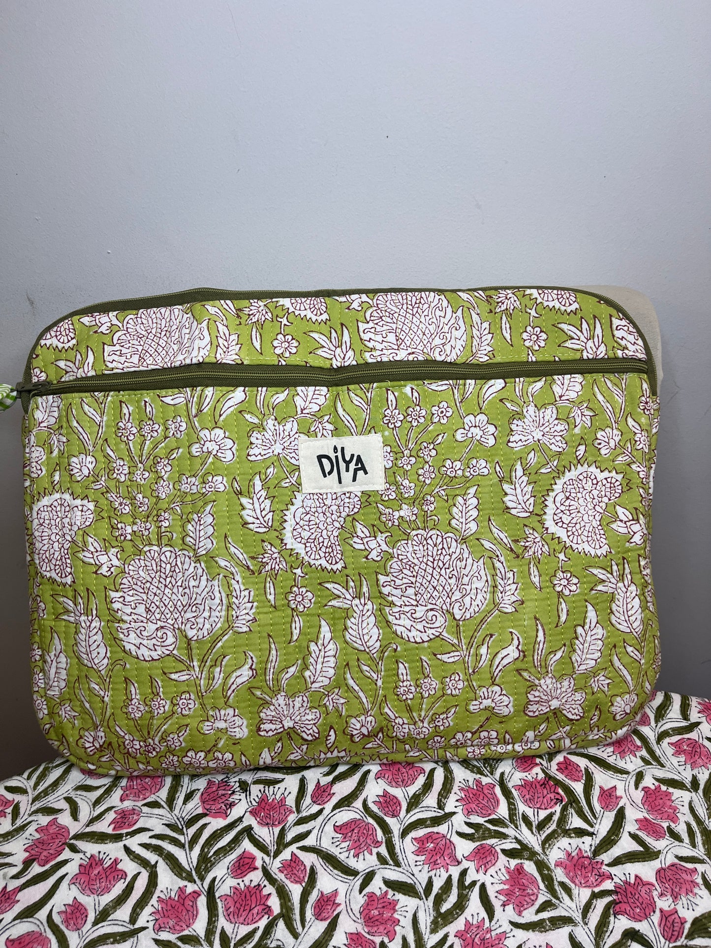 Light Green Floral Cotton Laptop Sleeve