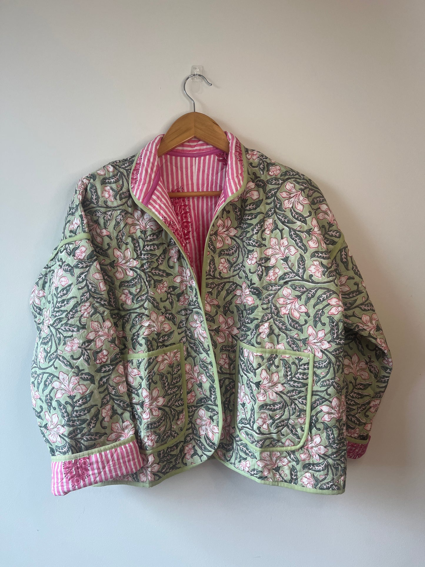 Mint Green & Pink Floral Reversible Quilted Jacket