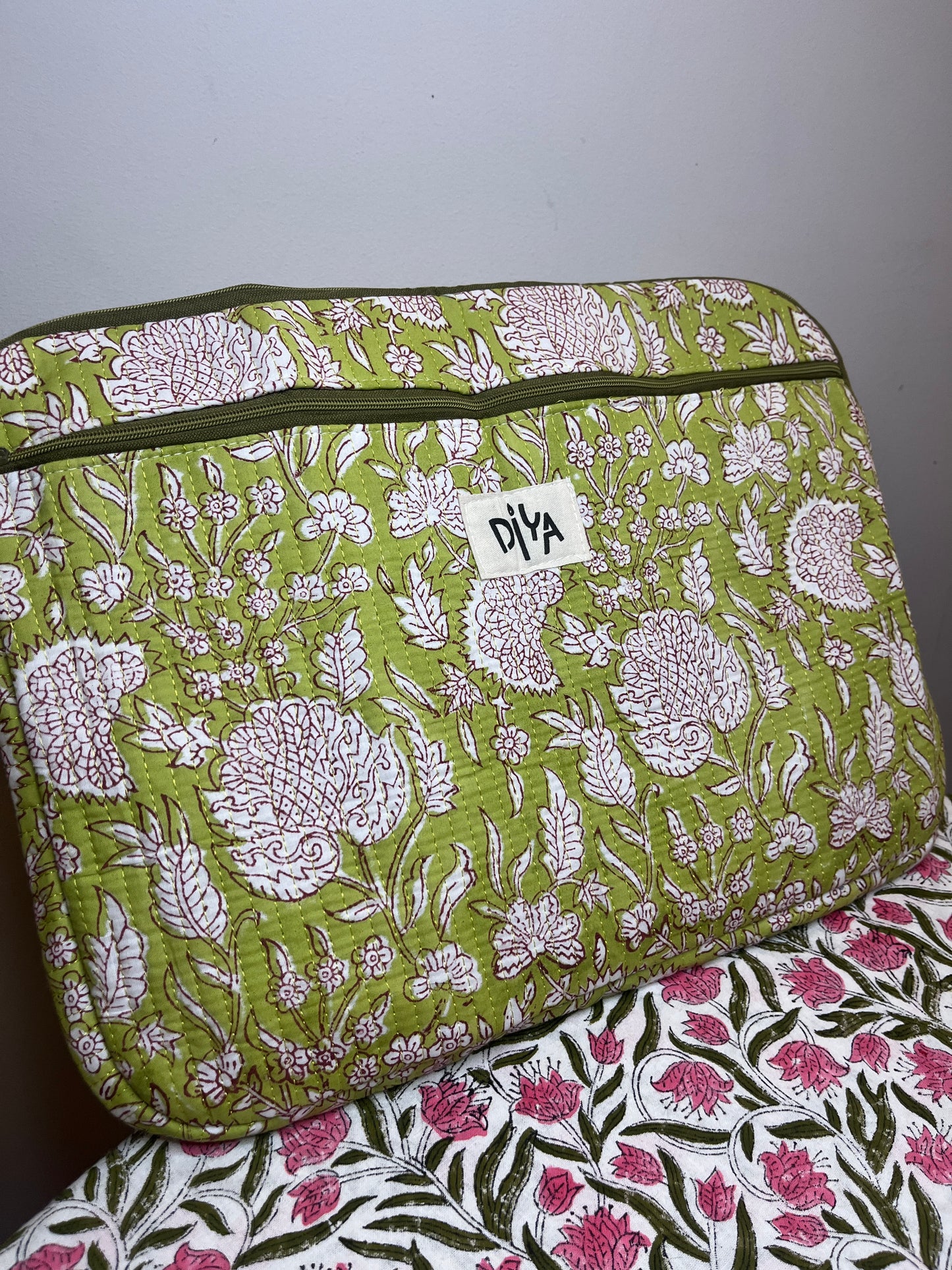 Light Green Floral Cotton Laptop Sleeve