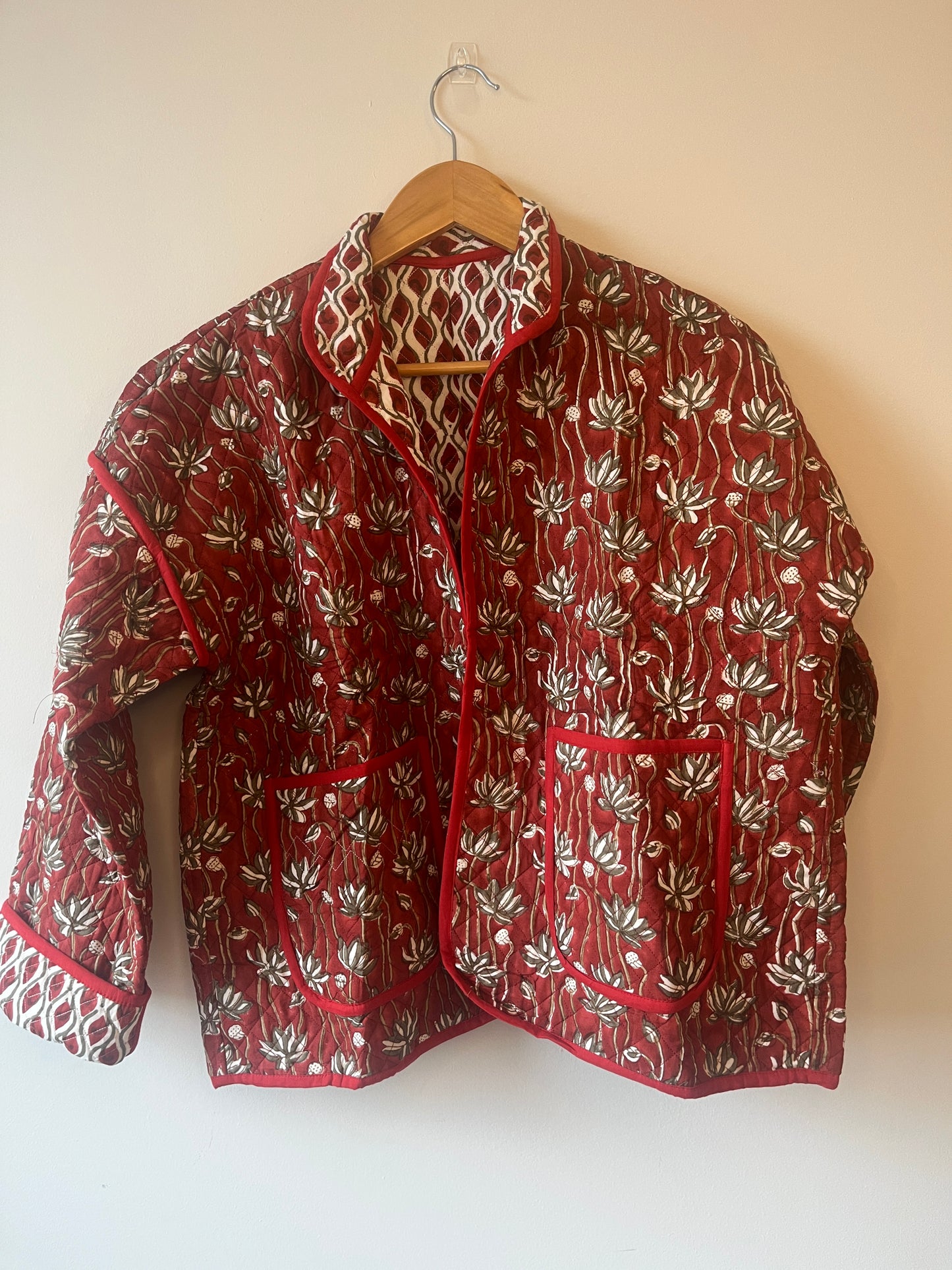 Red & White Floral Reversible Quilted Jacket
