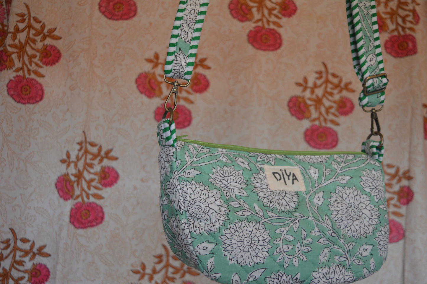 Green & White Floral Crossbody Bag