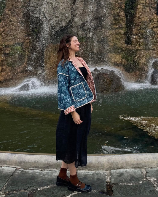 Blue & Light Pink Floral Reversible Jacket