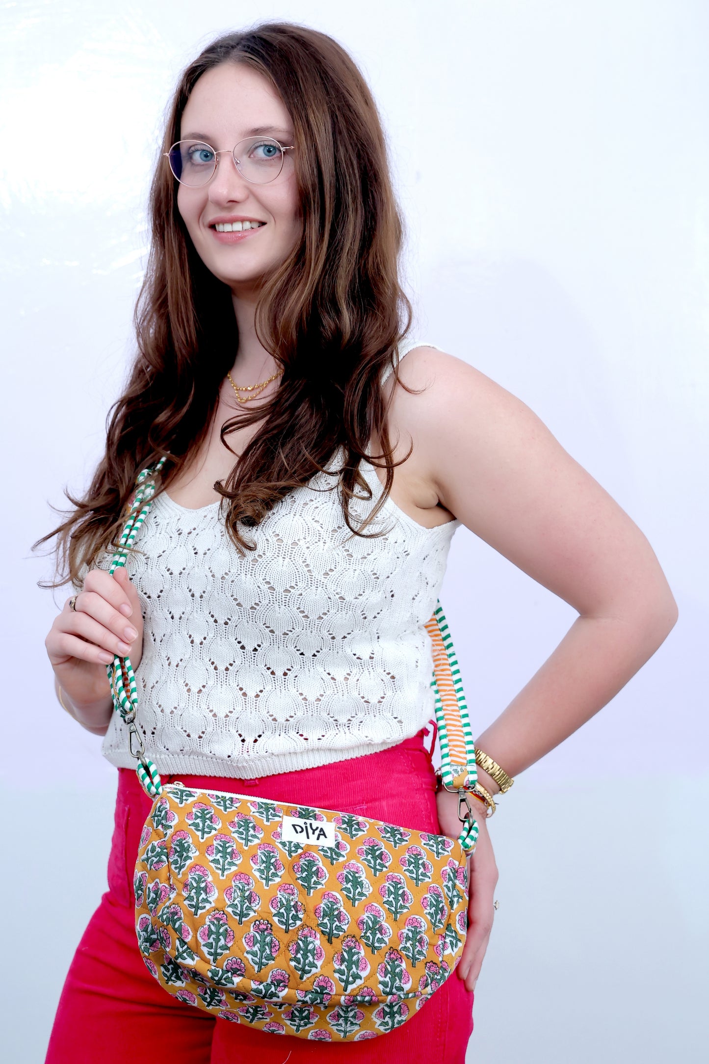 Yellow - Pink Flower Cross Body Bag