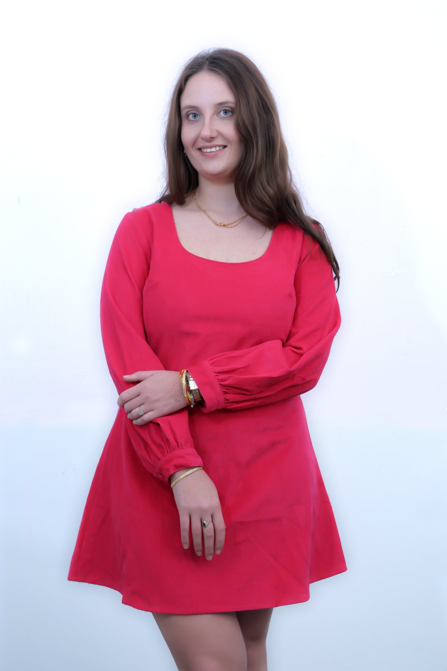 Pink Cord Full Sleeve Dress