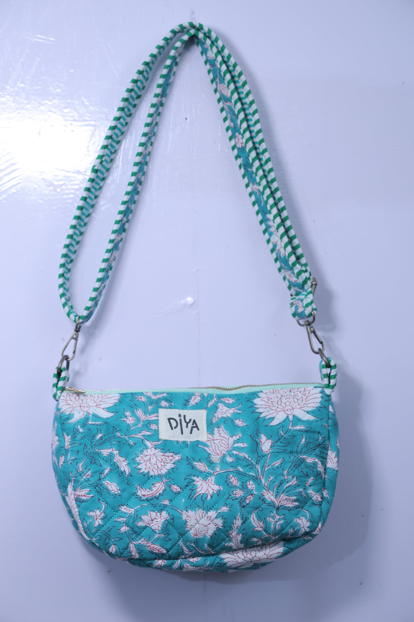 Turquoise Green With White Floral Cross Body Bag