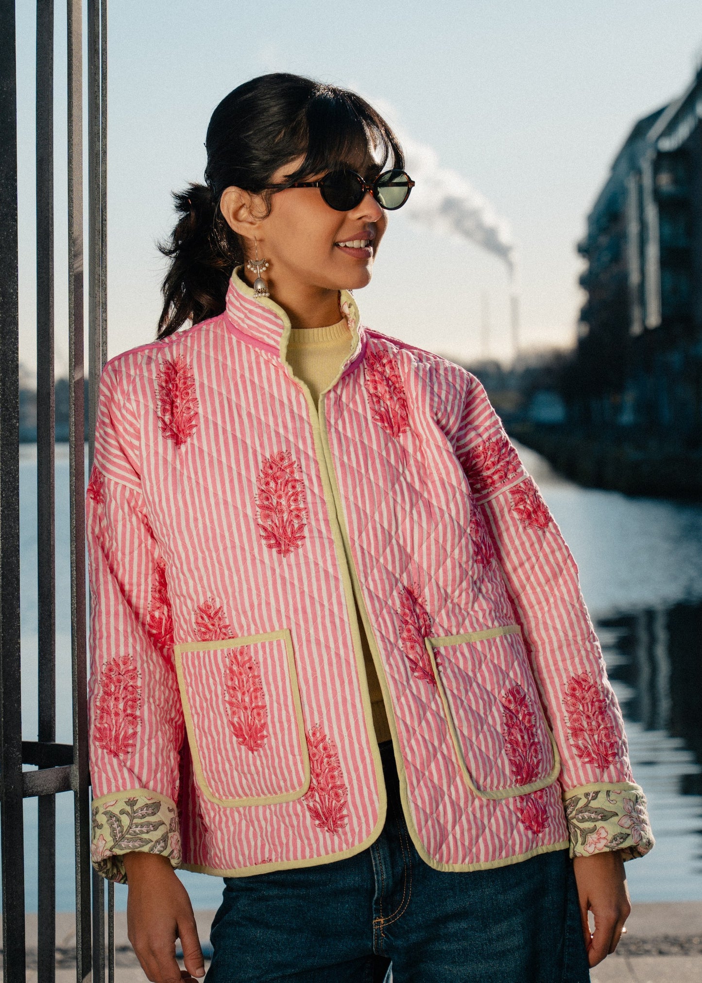 Mint Green & Pink Floral Reversible Quilted Jacket