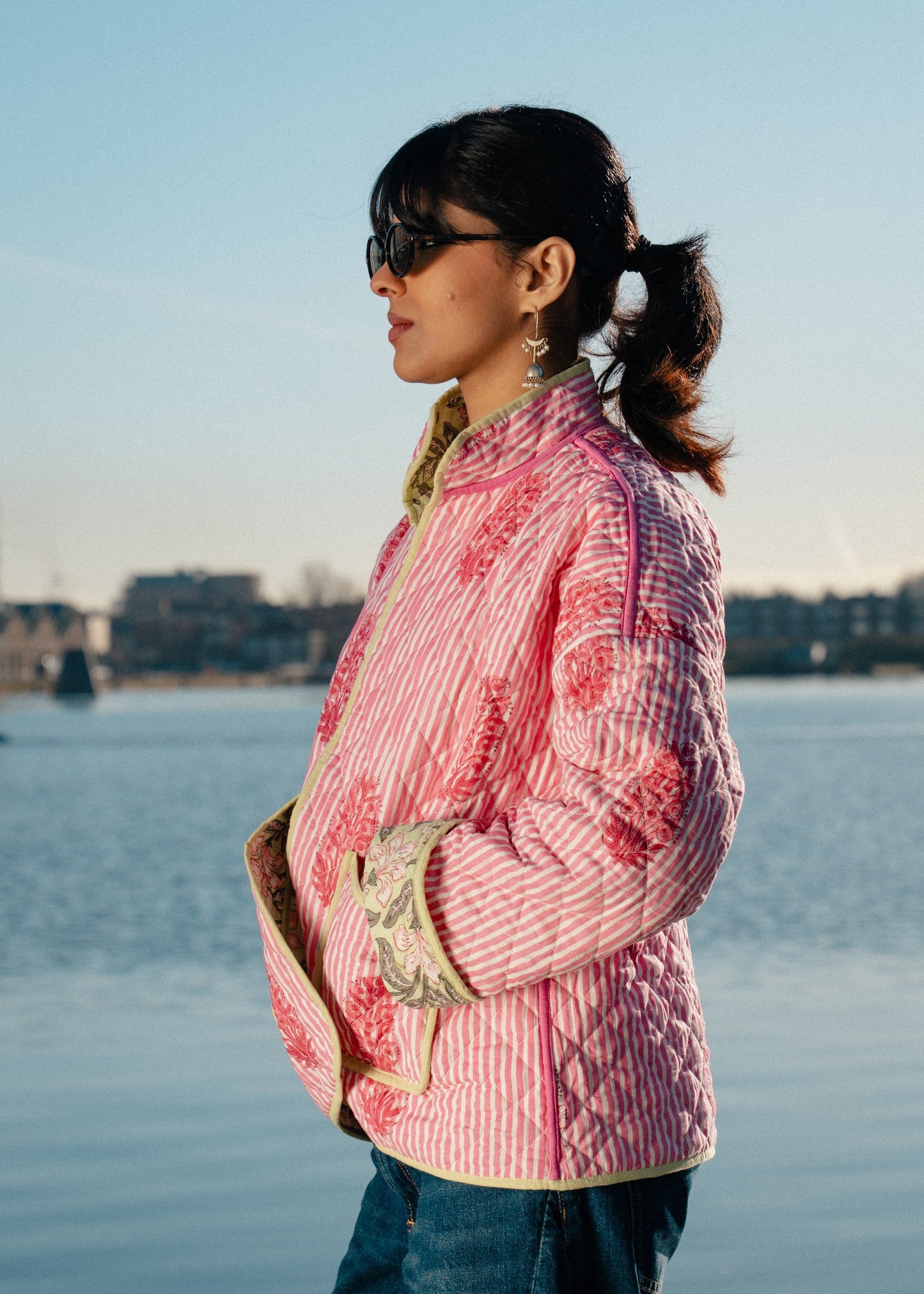 Mint Green & Pink Floral Reversible Quilted Jacket