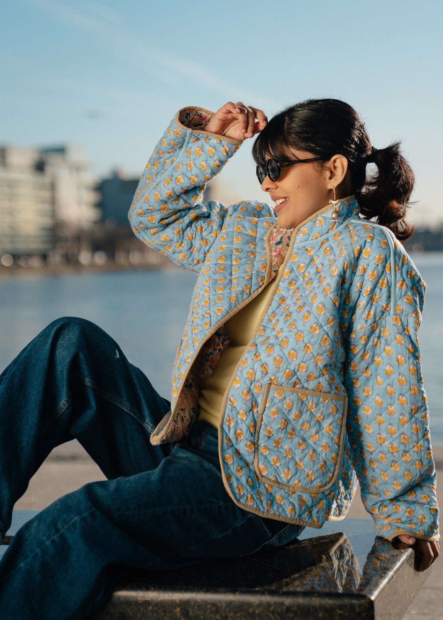 Green with Blue Flowers Reversible Quilted Jacket