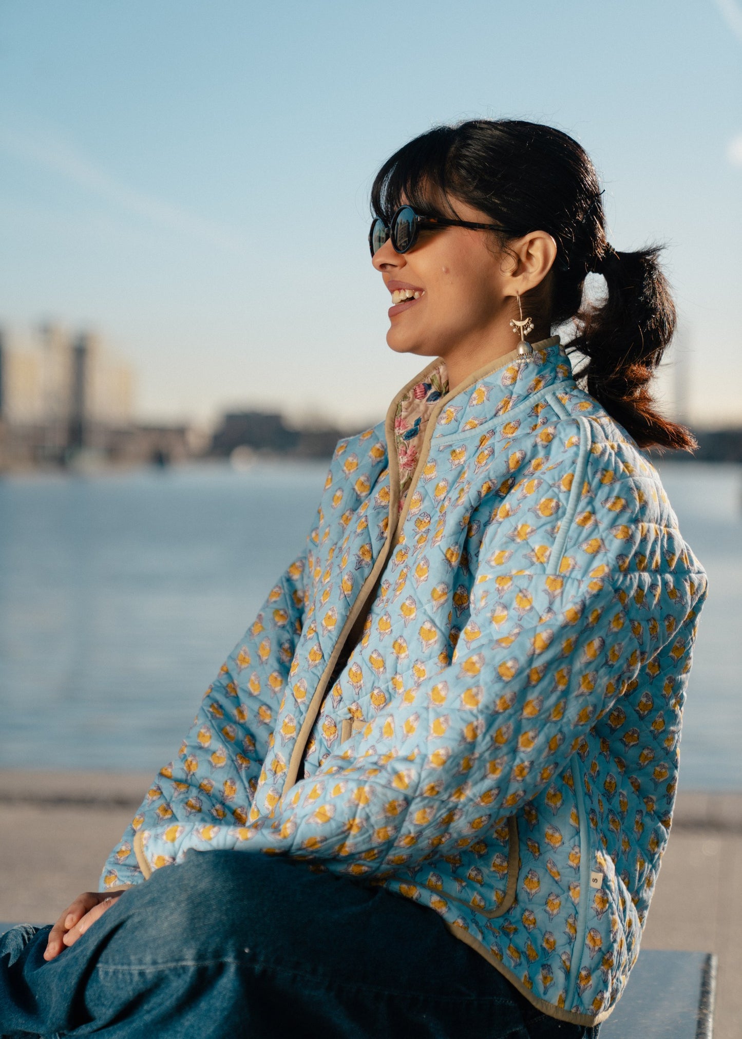 Green with Blue Flowers Reversible Quilted Jacket