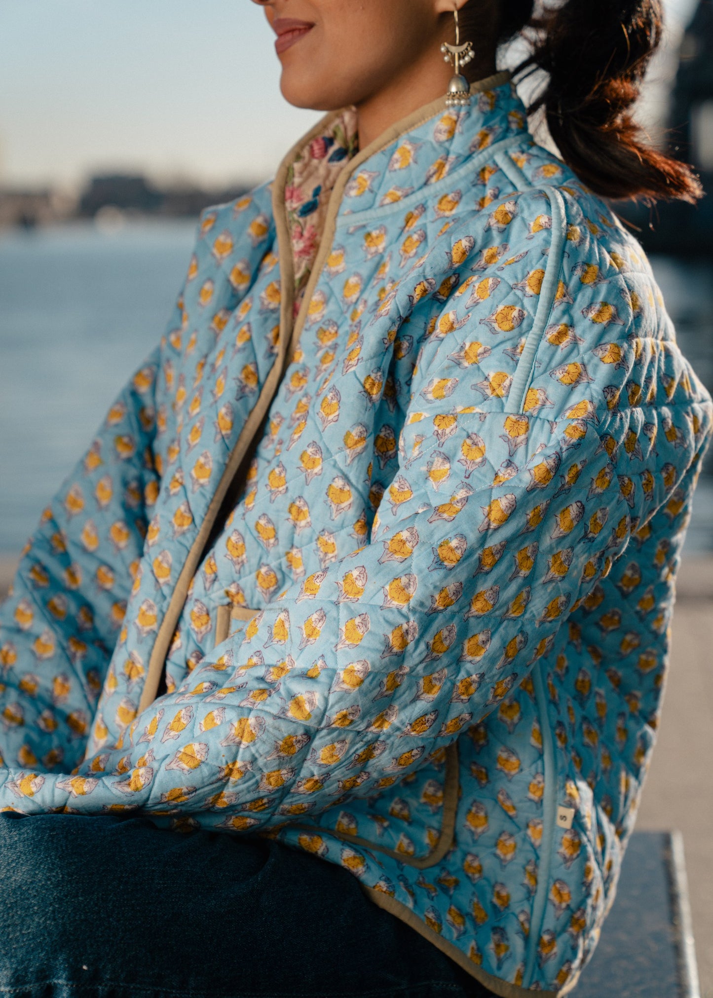Green with Blue Flowers Reversible Quilted Jacket