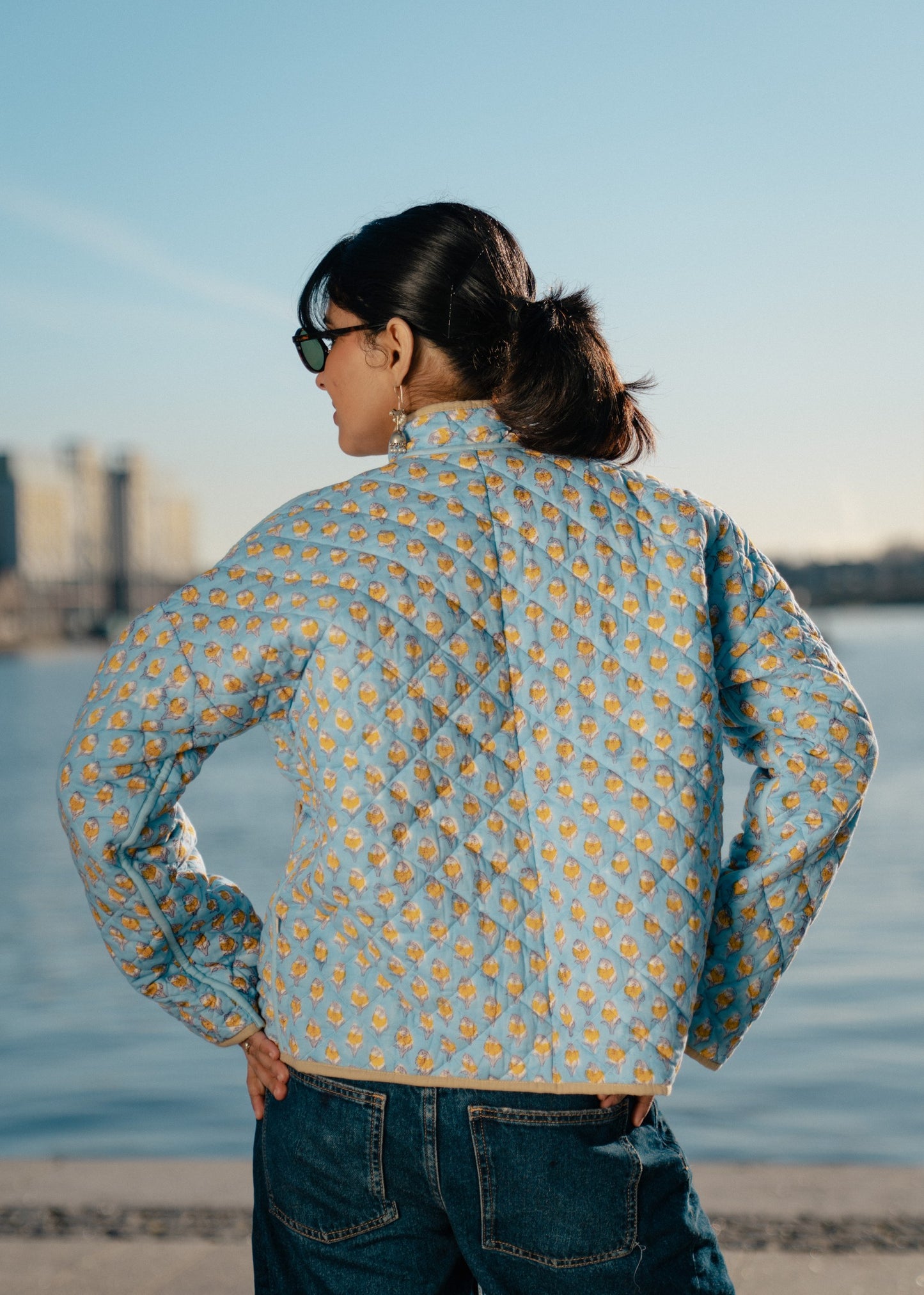 Green with Blue Flowers Reversible Quilted Jacket