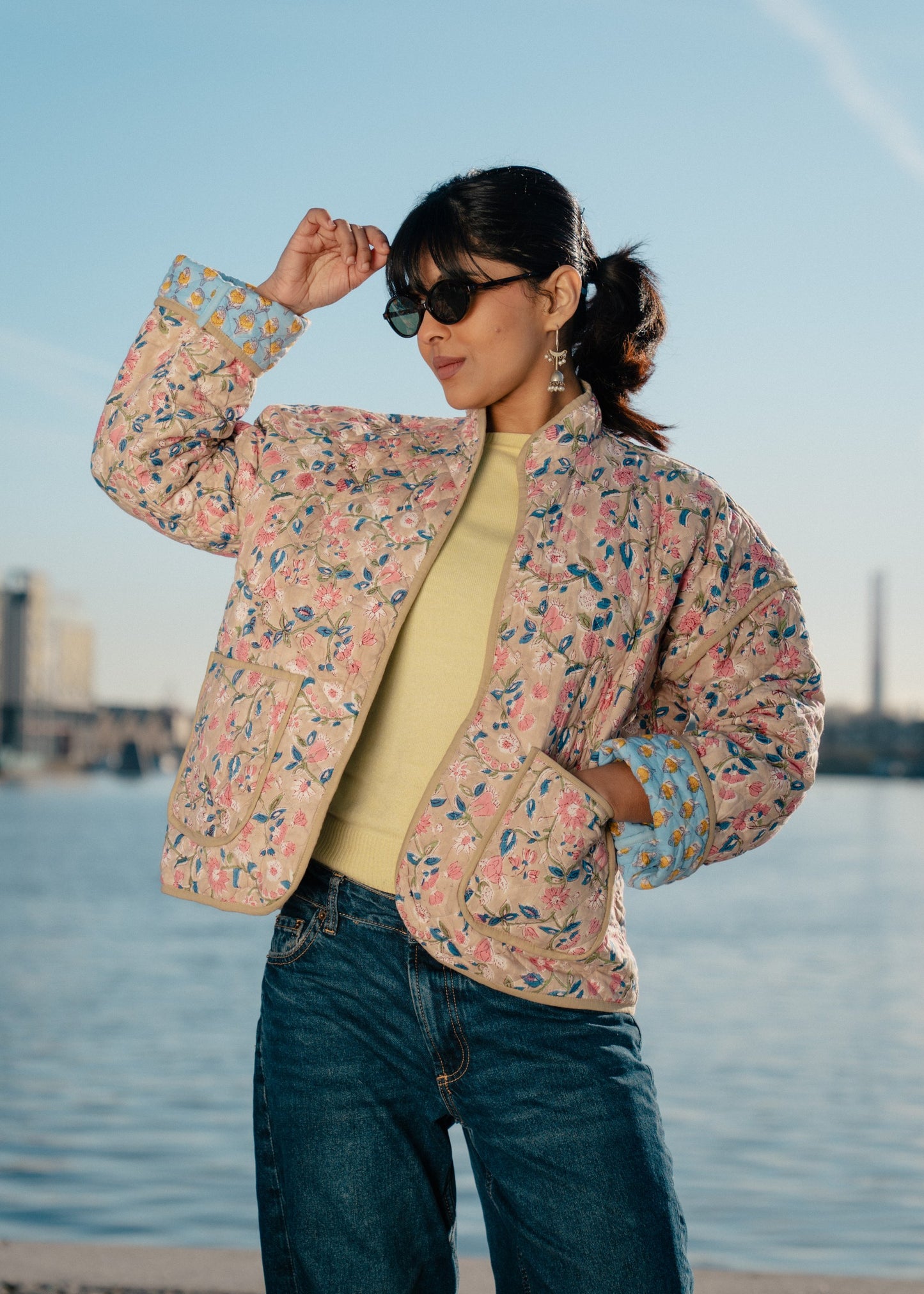 Green with Blue Flowers Reversible Quilted Jacket