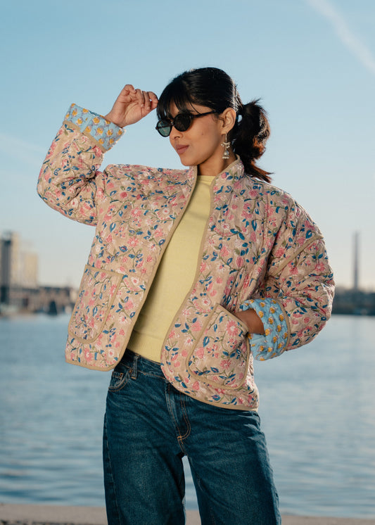 Green with Blue Flowers Reversible Quilted Jacket