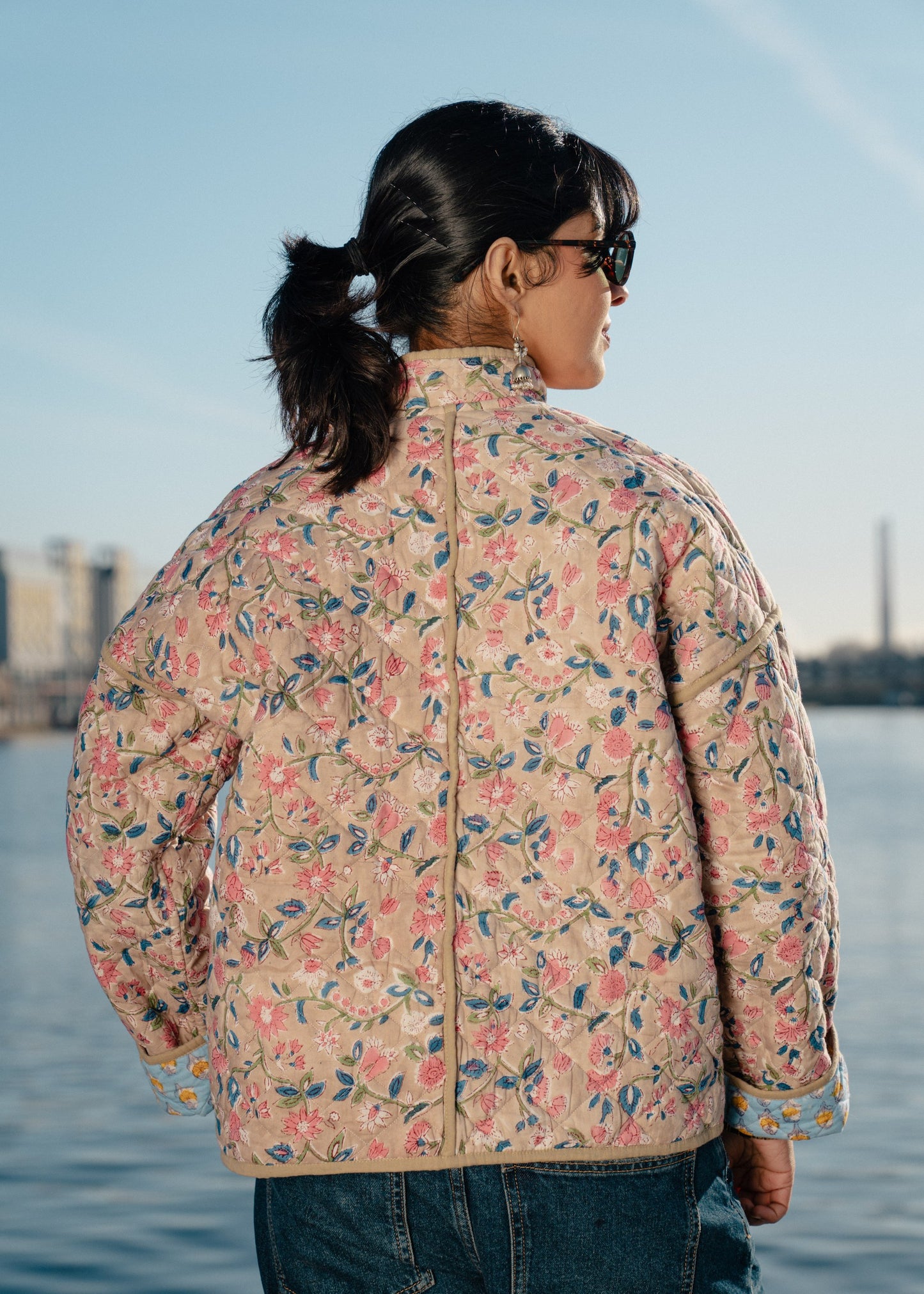 Green with Blue Flowers Reversible Quilted Jacket