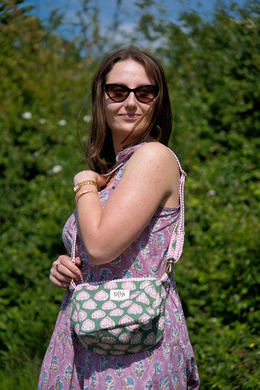 Green block print sling bag