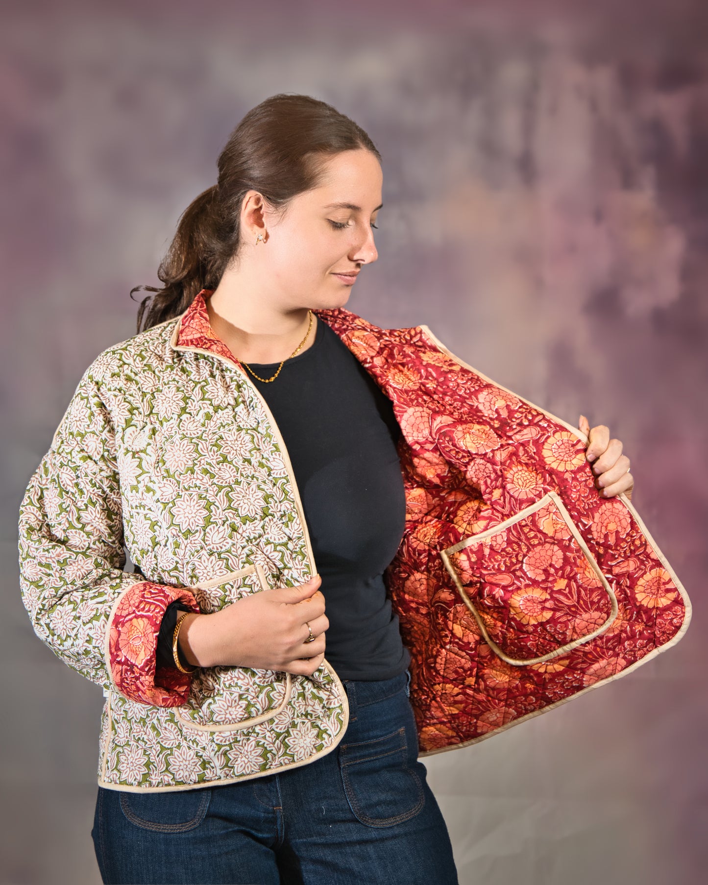 Rust Red & Green Reversible Quilted Jacket