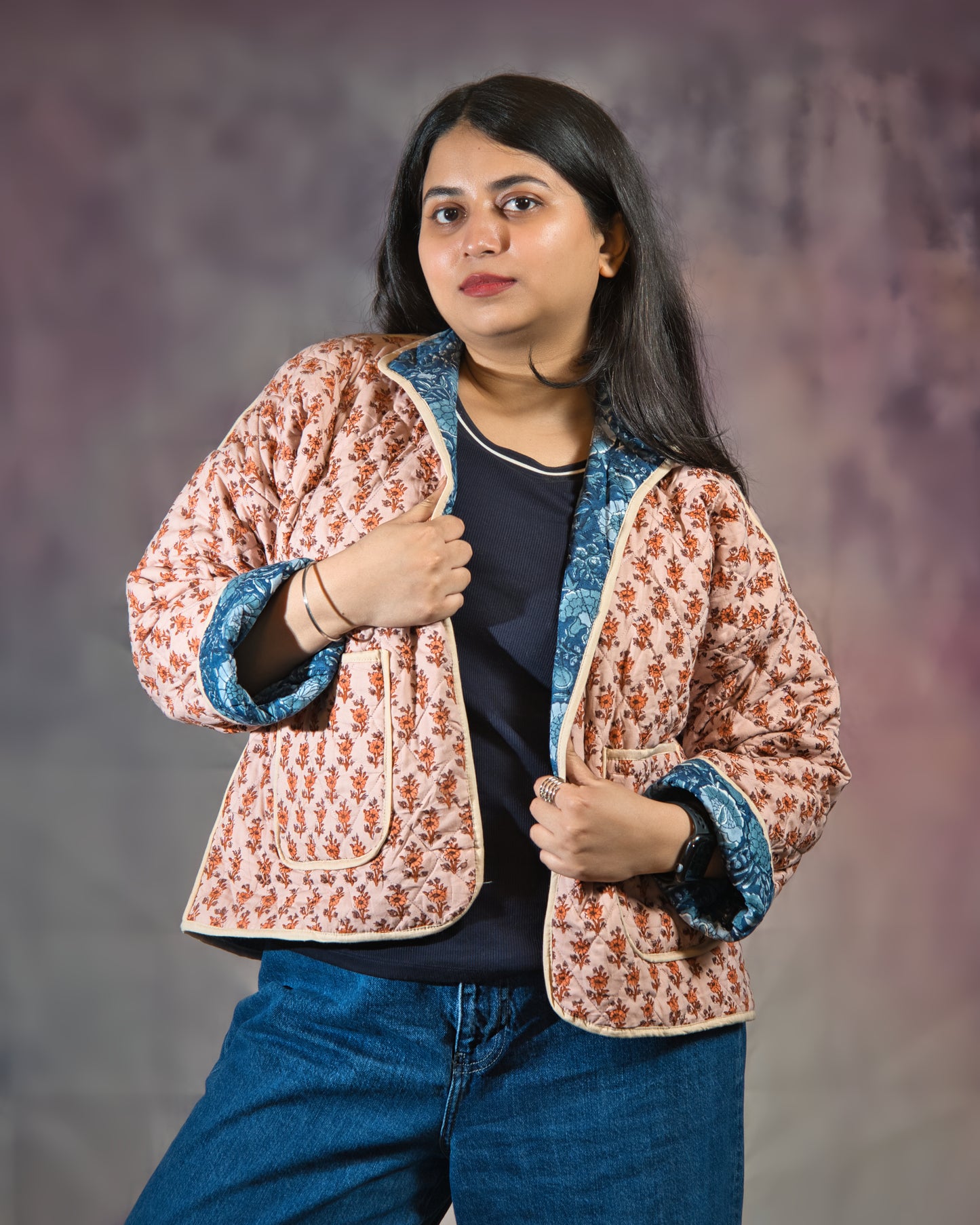 Blue & Light Pink Floral Reversible Jacket