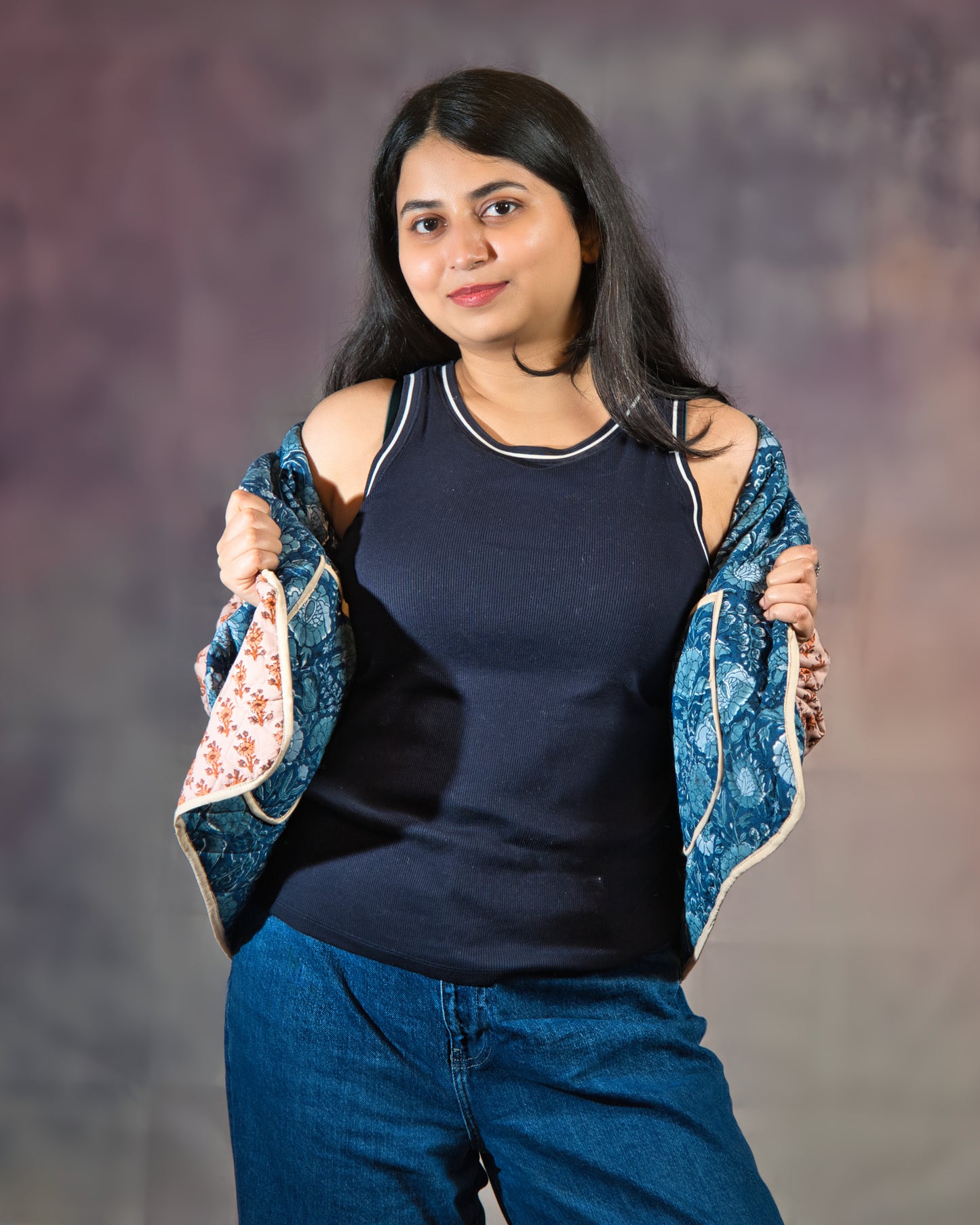 Blue & Light Pink Floral Reversible Jacket