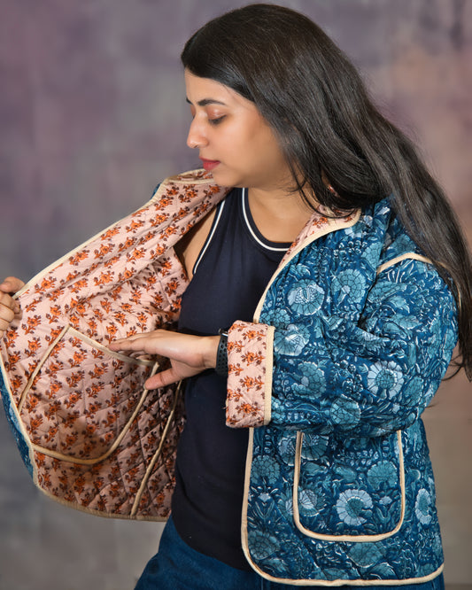 Blue & Light Pink Floral Reversible Jacket