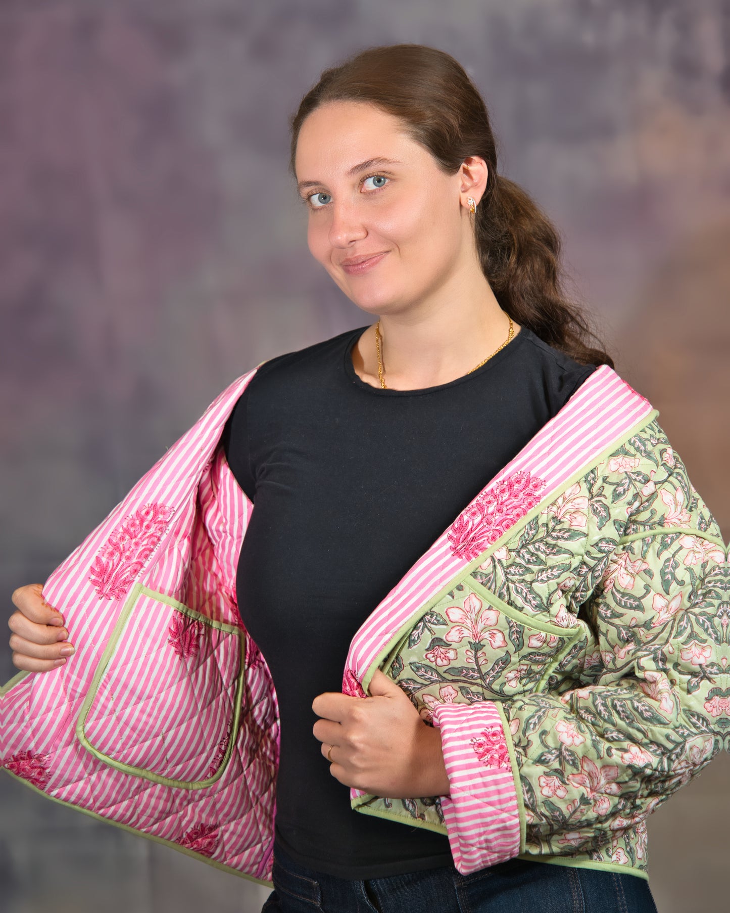 Mint Green & Pink Floral Reversible Quilted Jacket